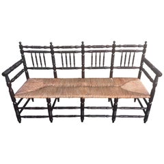 19th Century French Provencial Bench with Three Cane Seats, Back and Arms