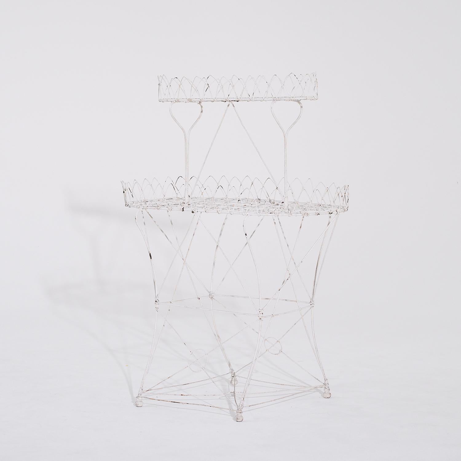 Hand-Crafted 19th Century French Provincial Antique Two-Tier White Wire Garden Plant Stand For Sale