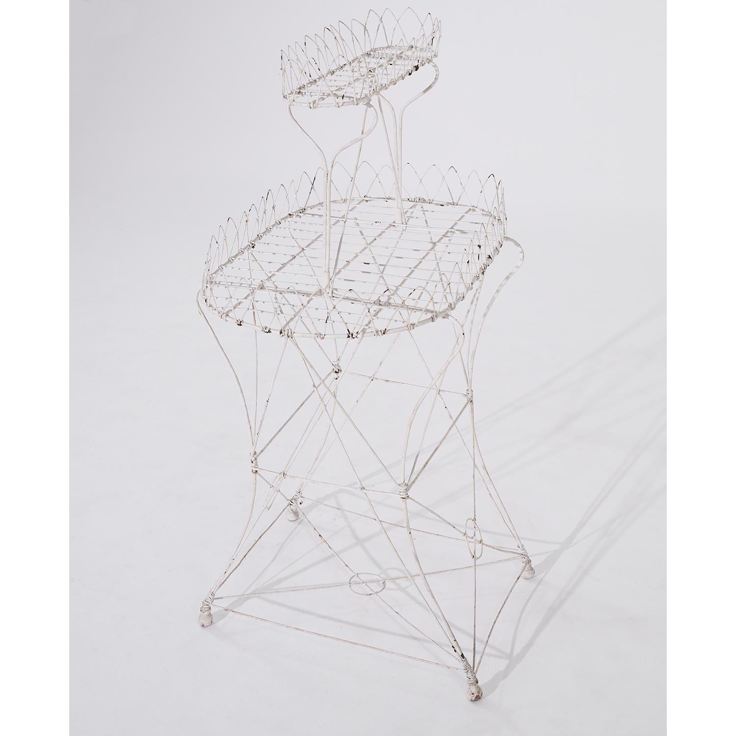 19th Century French Provincial Antique Two-Tier White Wire Garden Plant Stand In Good Condition For Sale In West Palm Beach, FL