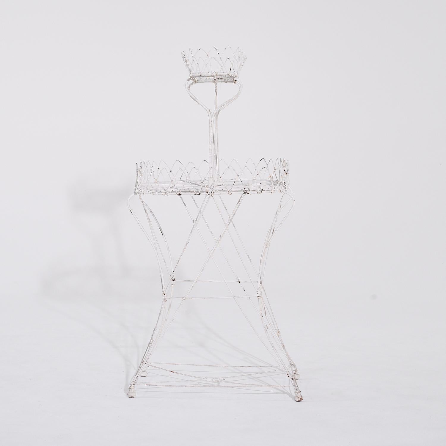 Metal 19th Century French Provincial Antique Two-Tier White Wire Garden Plant Stand For Sale