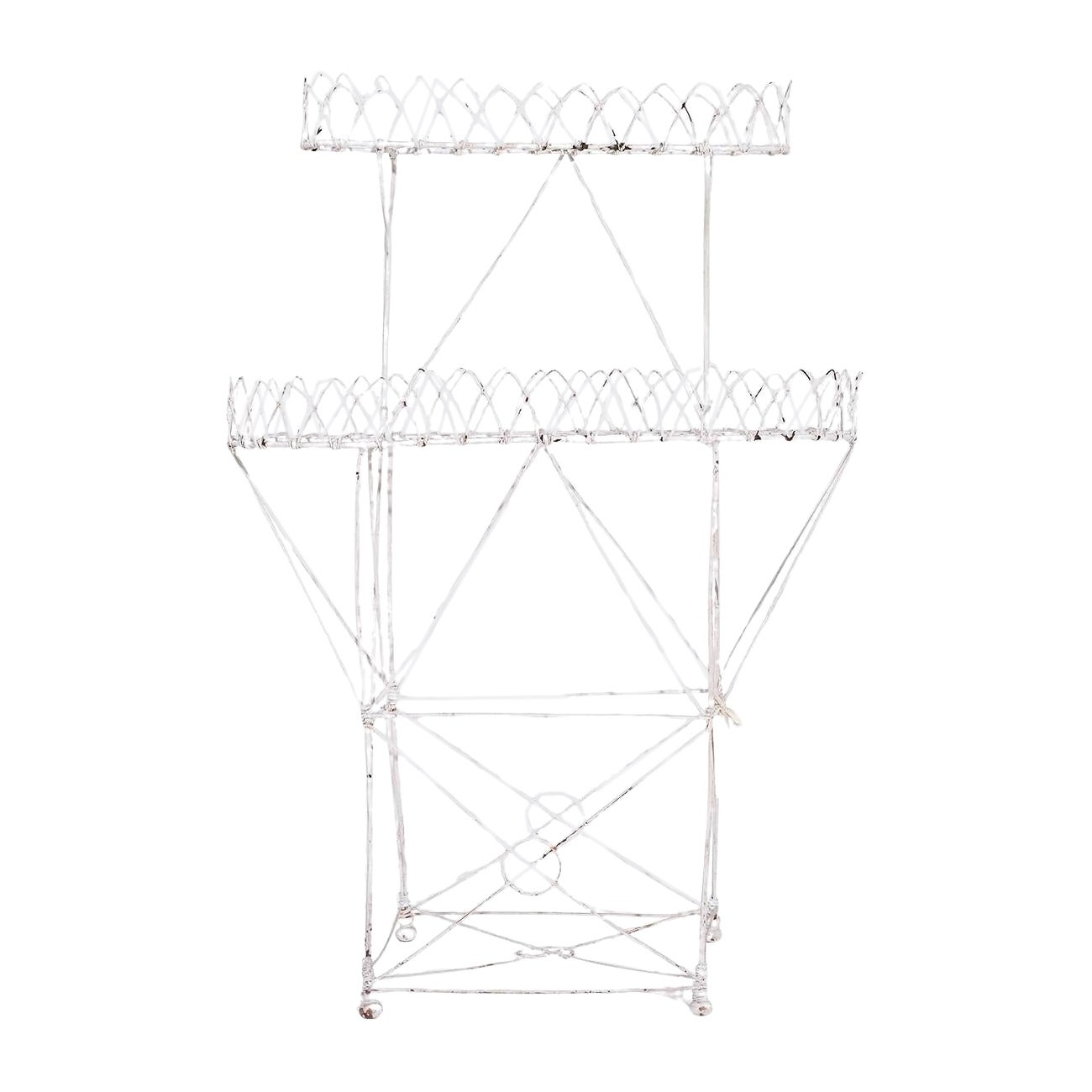 19ème siècle Français Provincial Antique Deux-Tiers Wire White Garden Plant Stand