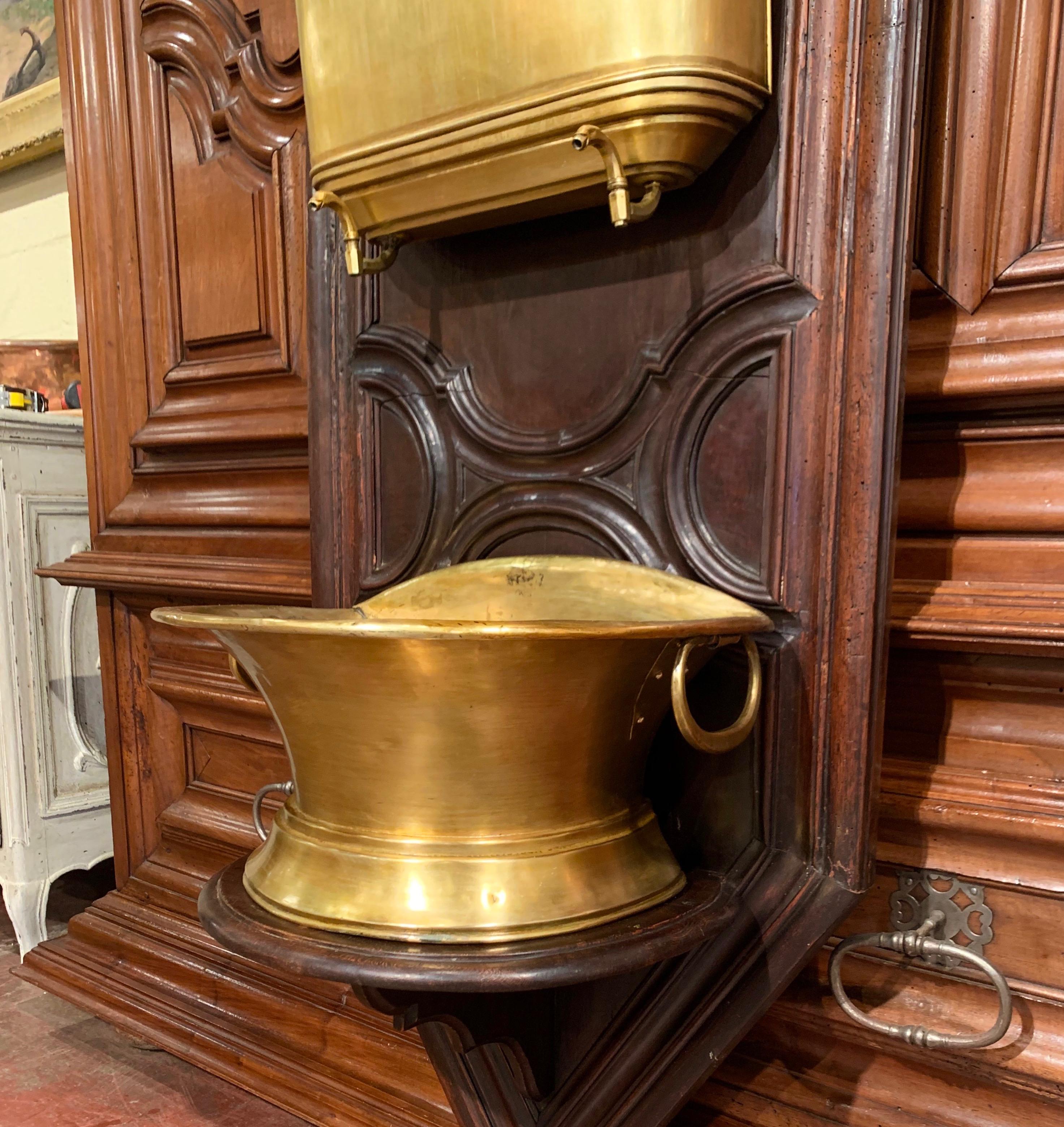 19th Century French Provincial Brass Lavabo Fountain on Carved Oak Wall Mount For Sale 6