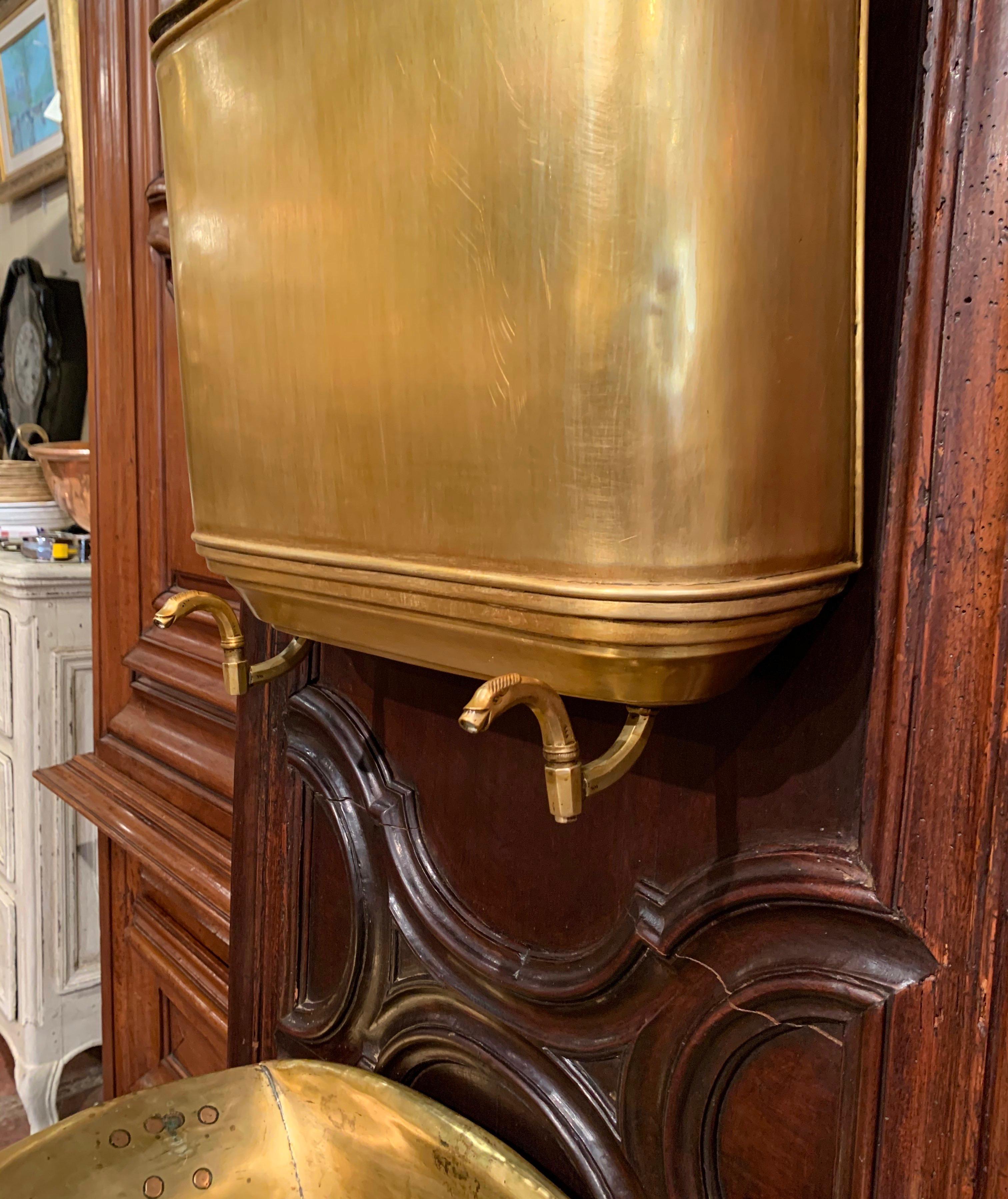 19th Century French Provincial Brass Lavabo Fountain on Carved Oak Wall Mount For Sale 7