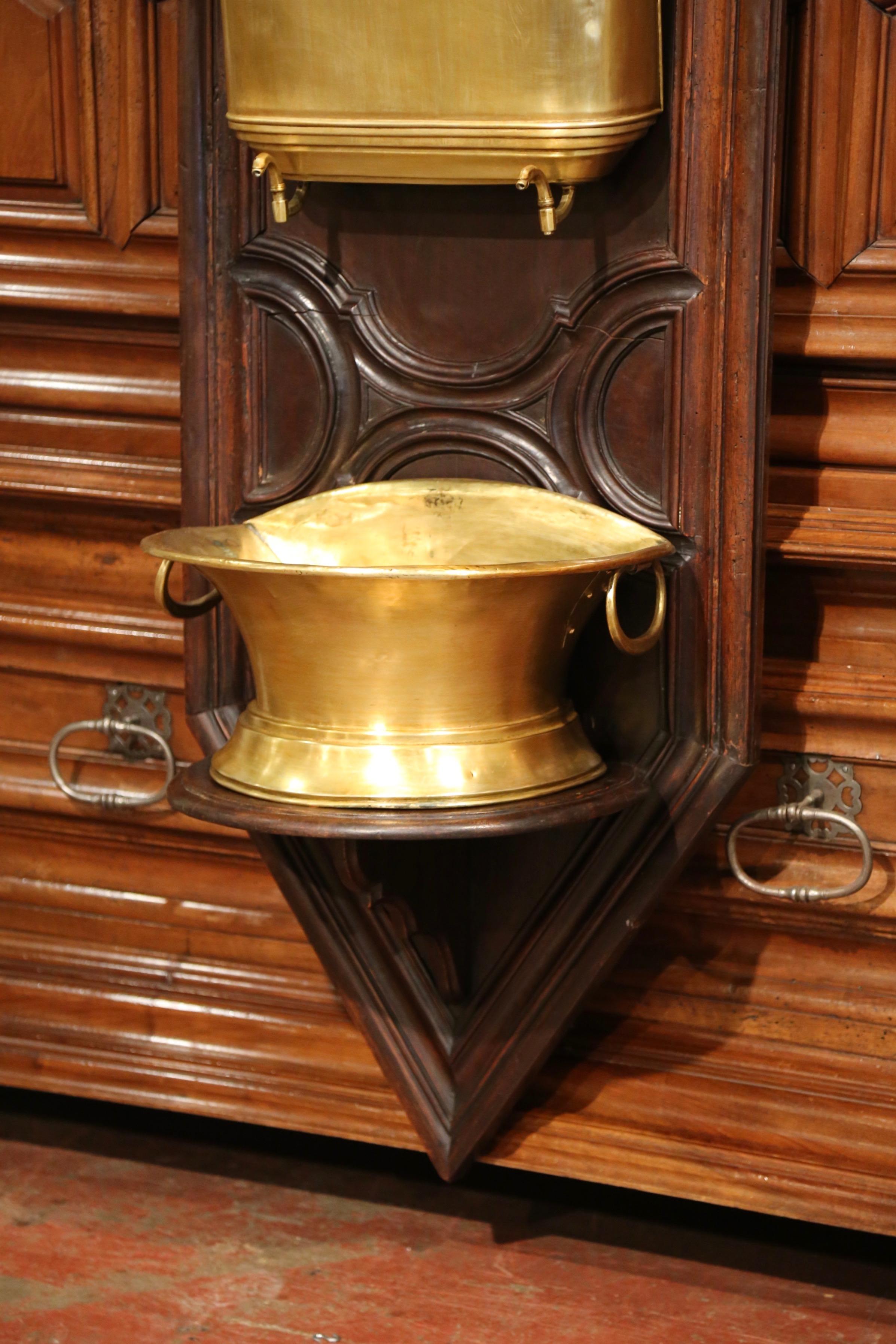 Country 19th Century French Provincial Brass Lavabo Fountain on Carved Oak Wall Mount For Sale