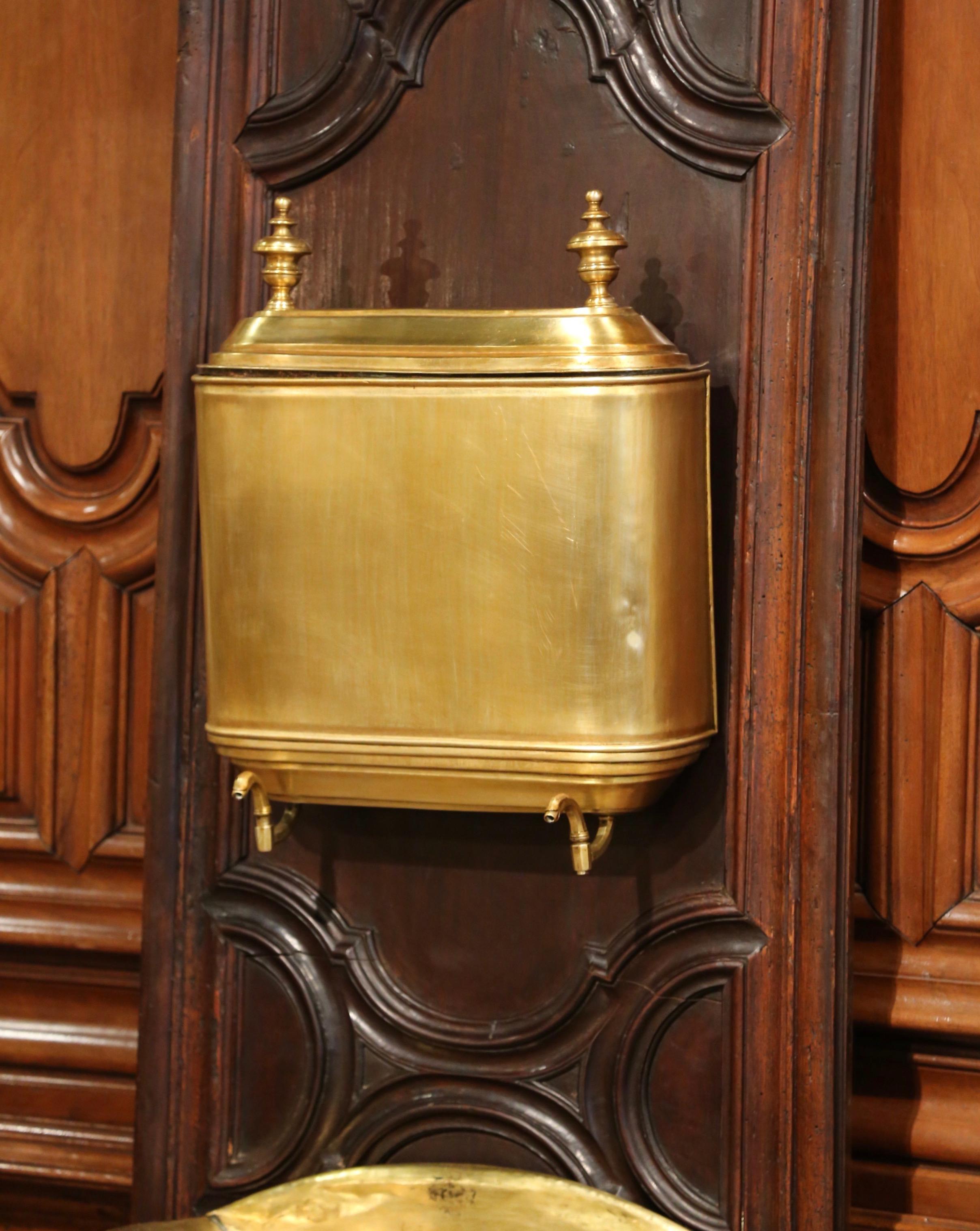 Hand-Carved 19th Century French Provincial Brass Lavabo Fountain on Carved Oak Wall Mount For Sale