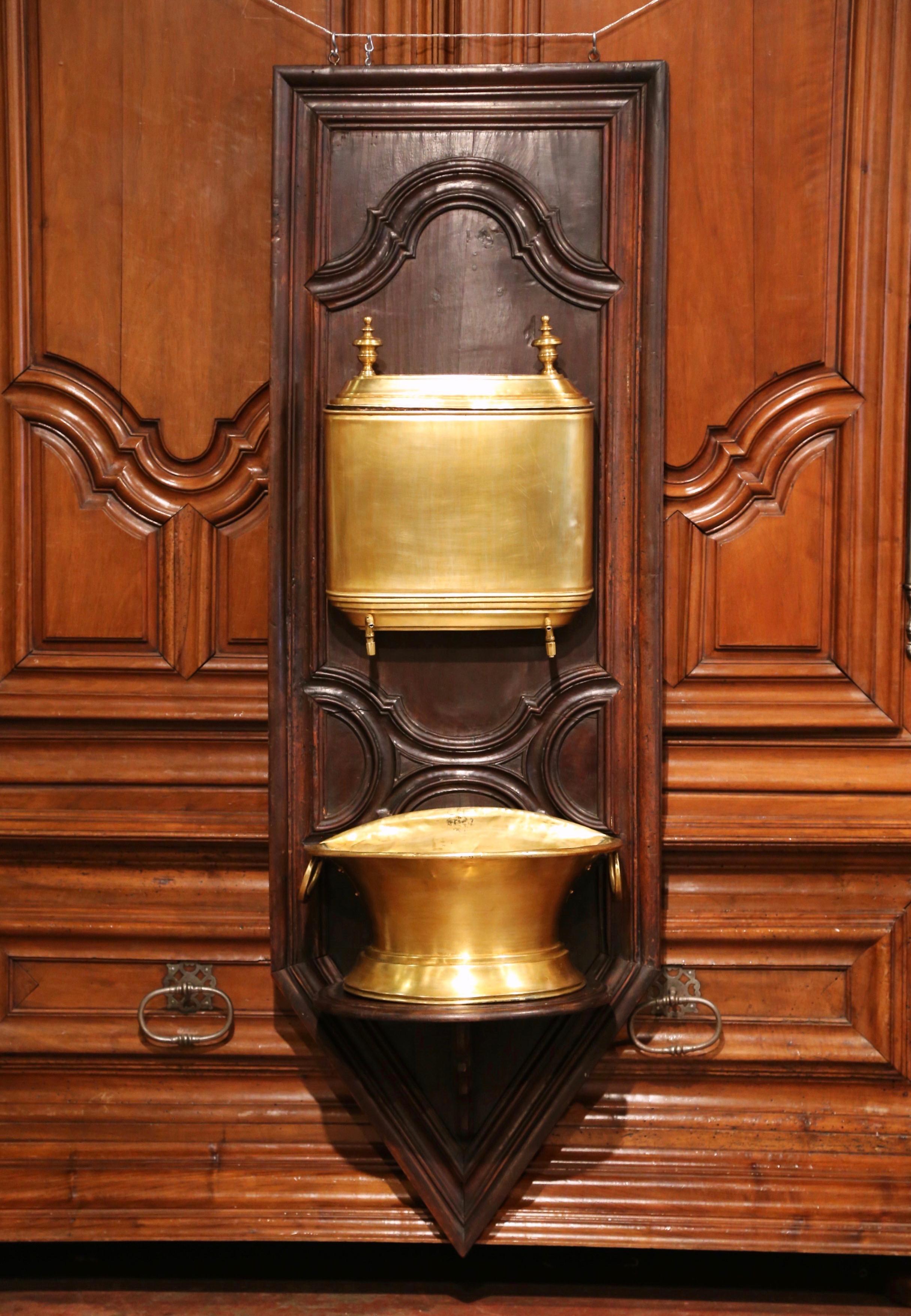 19th Century French Provincial Brass Lavabo Fountain on Carved Oak Wall Mount In Excellent Condition For Sale In Dallas, TX