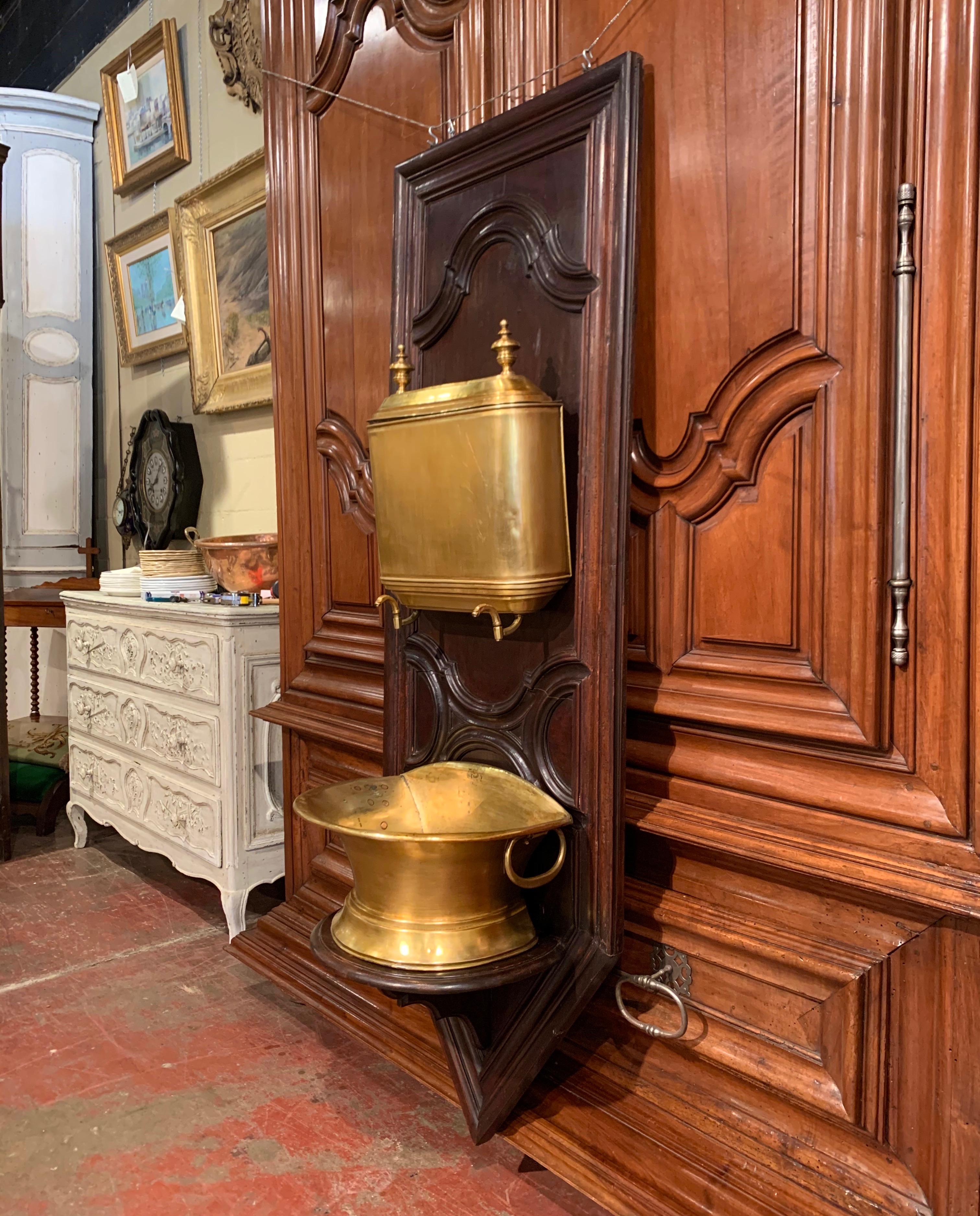 19th Century French Provincial Brass Lavabo Fountain on Carved Oak Wall Mount For Sale 2