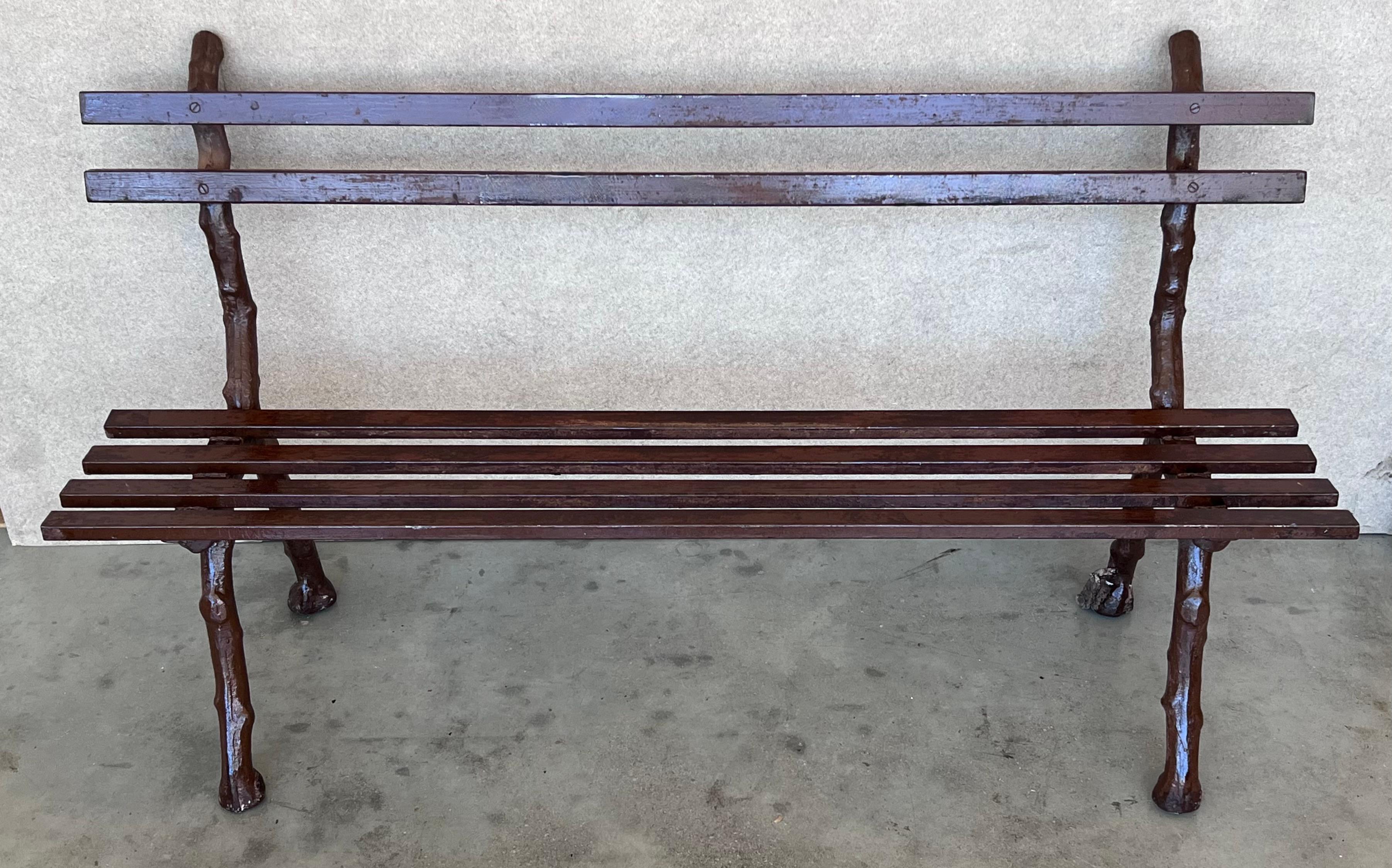 Neoclassical 19th Century French Provincial Brown Garden Bench with Cast Iron Legs For Sale