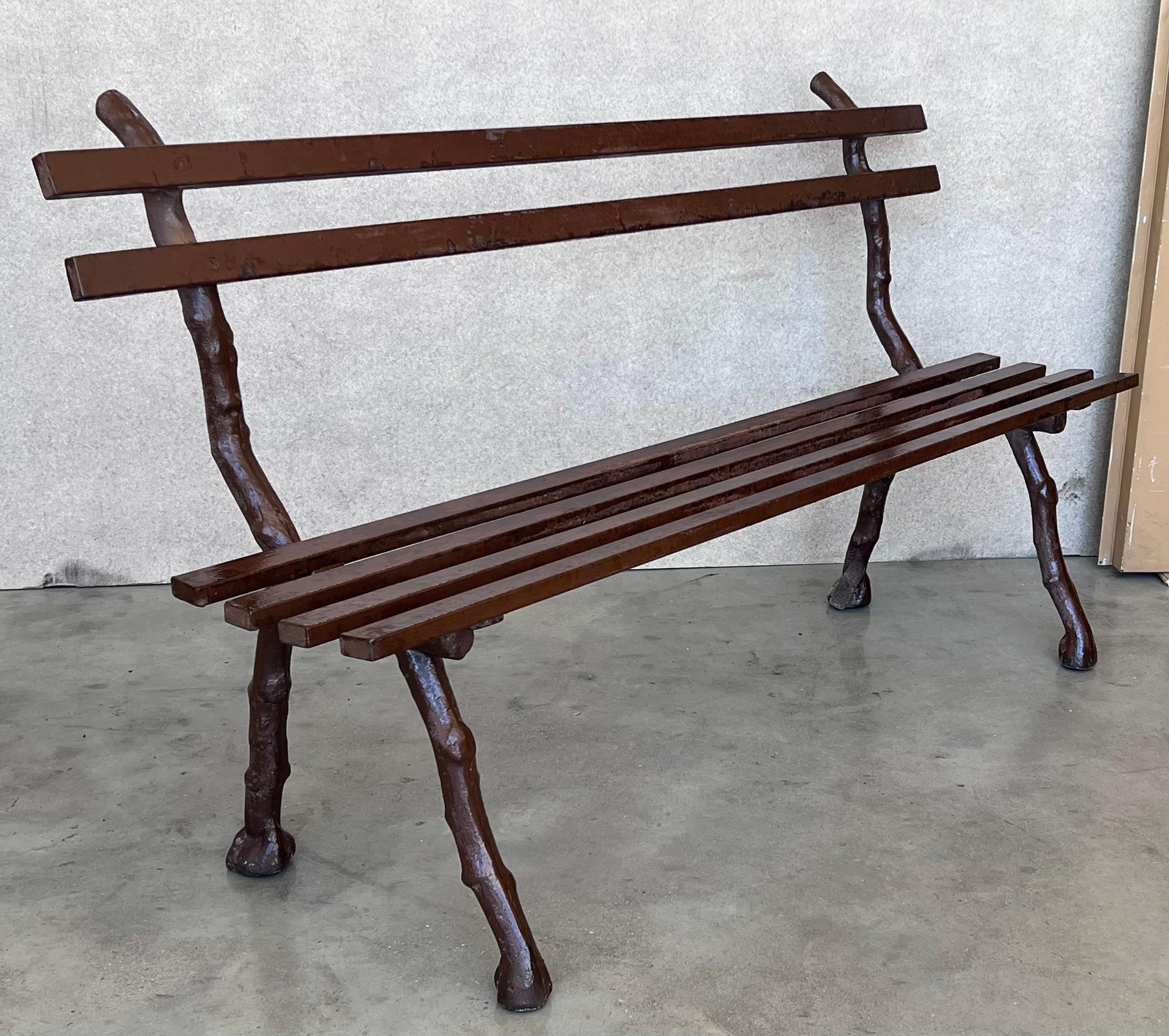 19th Century French Provincial Brown Garden Bench with Cast Iron Legs In Good Condition For Sale In Miami, FL
