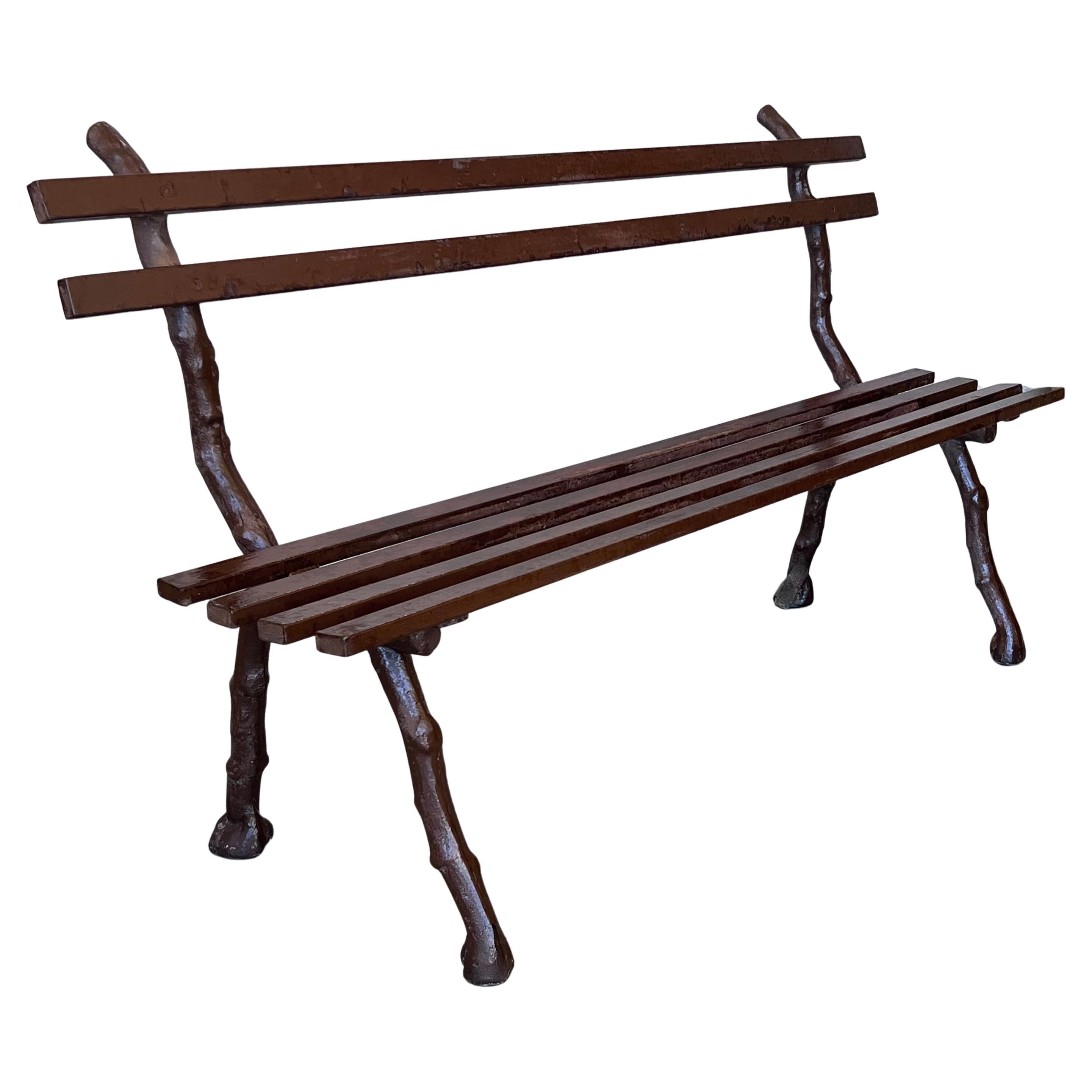19th Century French Provincial Brown Garden Bench with Cast Iron Legs For Sale