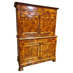 19th Century French Provincial Burled Ash Buffet Deux Corps Cabinet