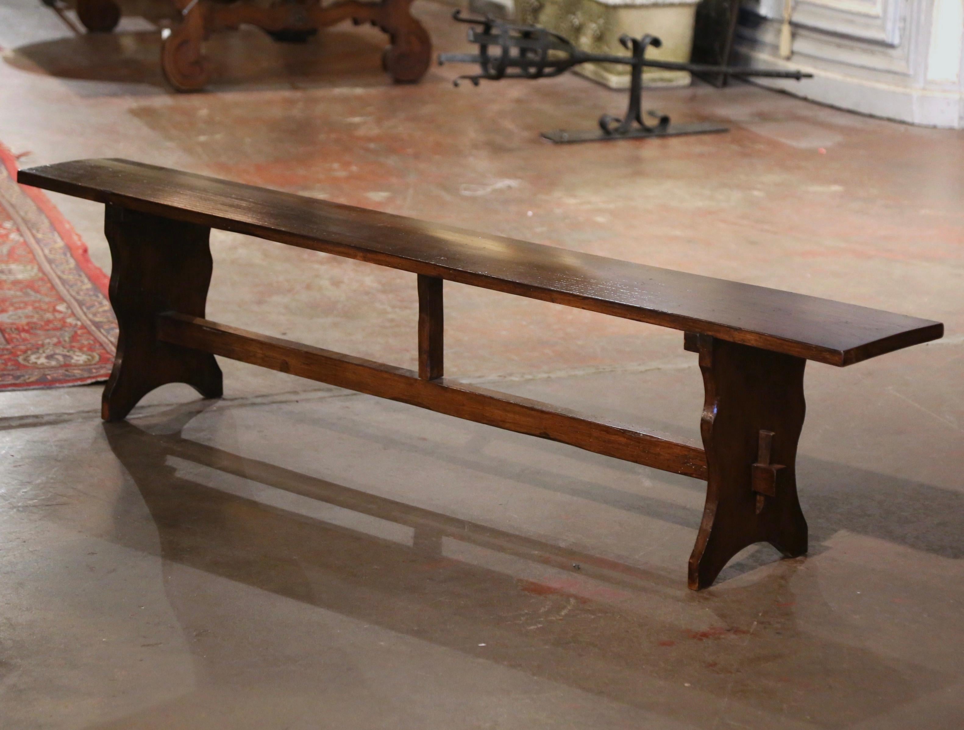 19th Century French Provincial Carved Walnut Farmhouse Trestle Bench In Excellent Condition In Dallas, TX