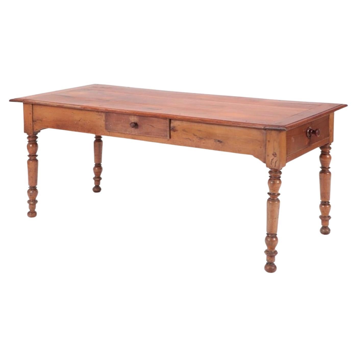 19th Century French Provincial Cherry Wood Farm Table with Turned Legs