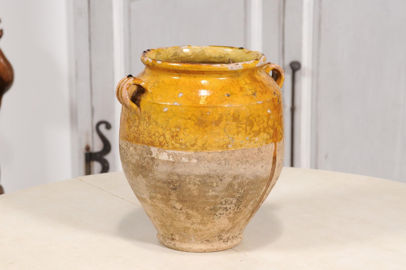 Glazed 19th Century French Provincial Double Handled Pot à Confit with Yellow Glaze For Sale