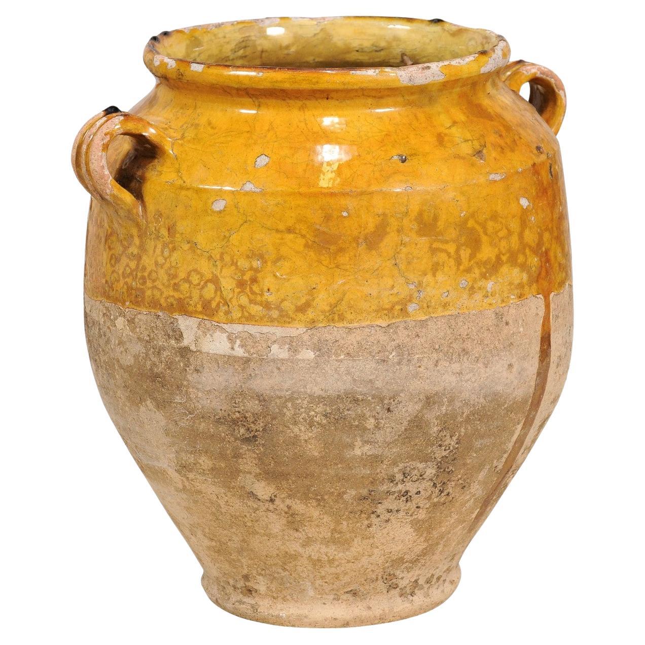 19th Century French Provincial Double Handled Pot à Confit with Yellow Glaze For Sale