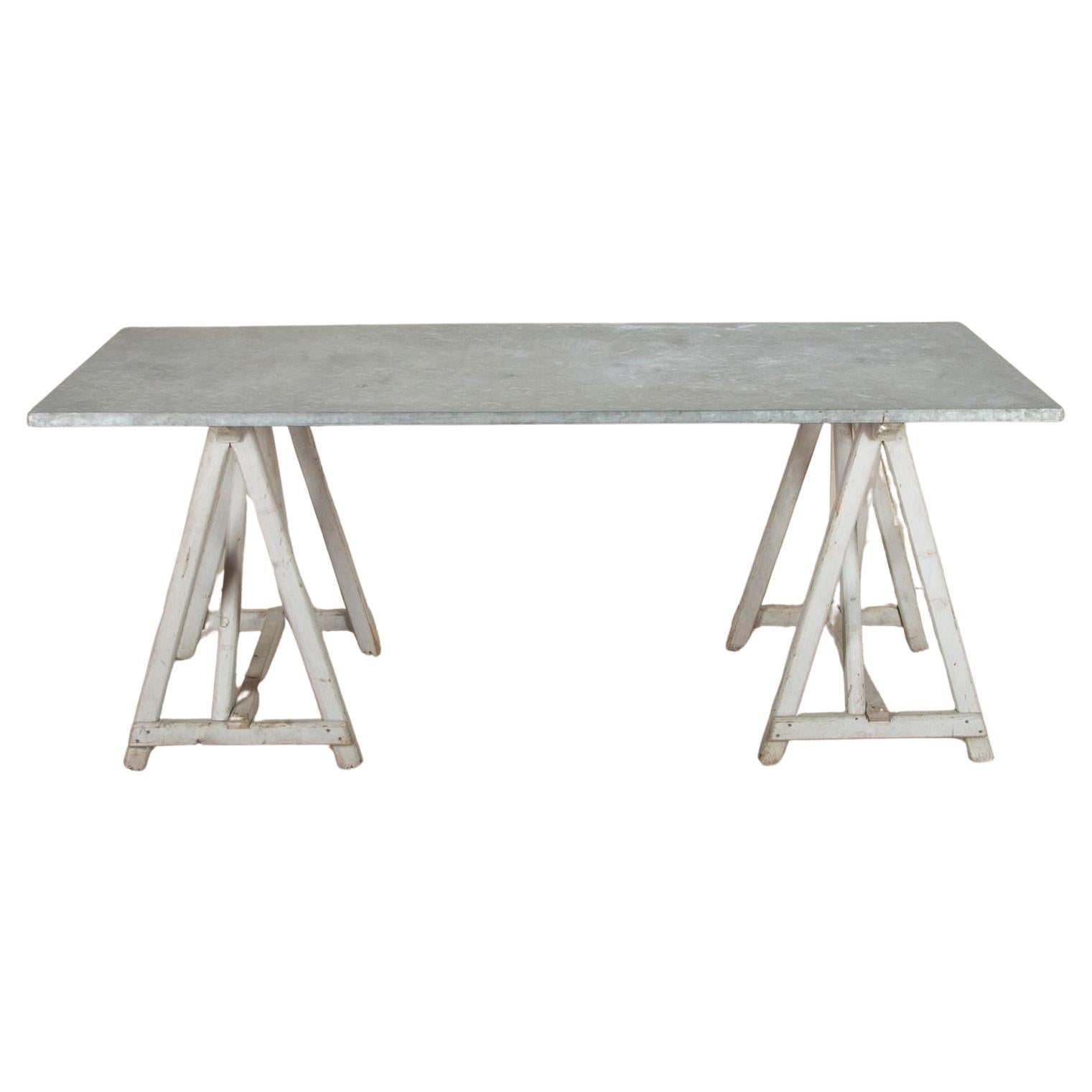 19th Century French Provincial Florists Trestle Table with Later Zinc Top For Sale