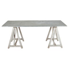 19th Century French Provincial Florists Trestle Table with Later Zinc Top