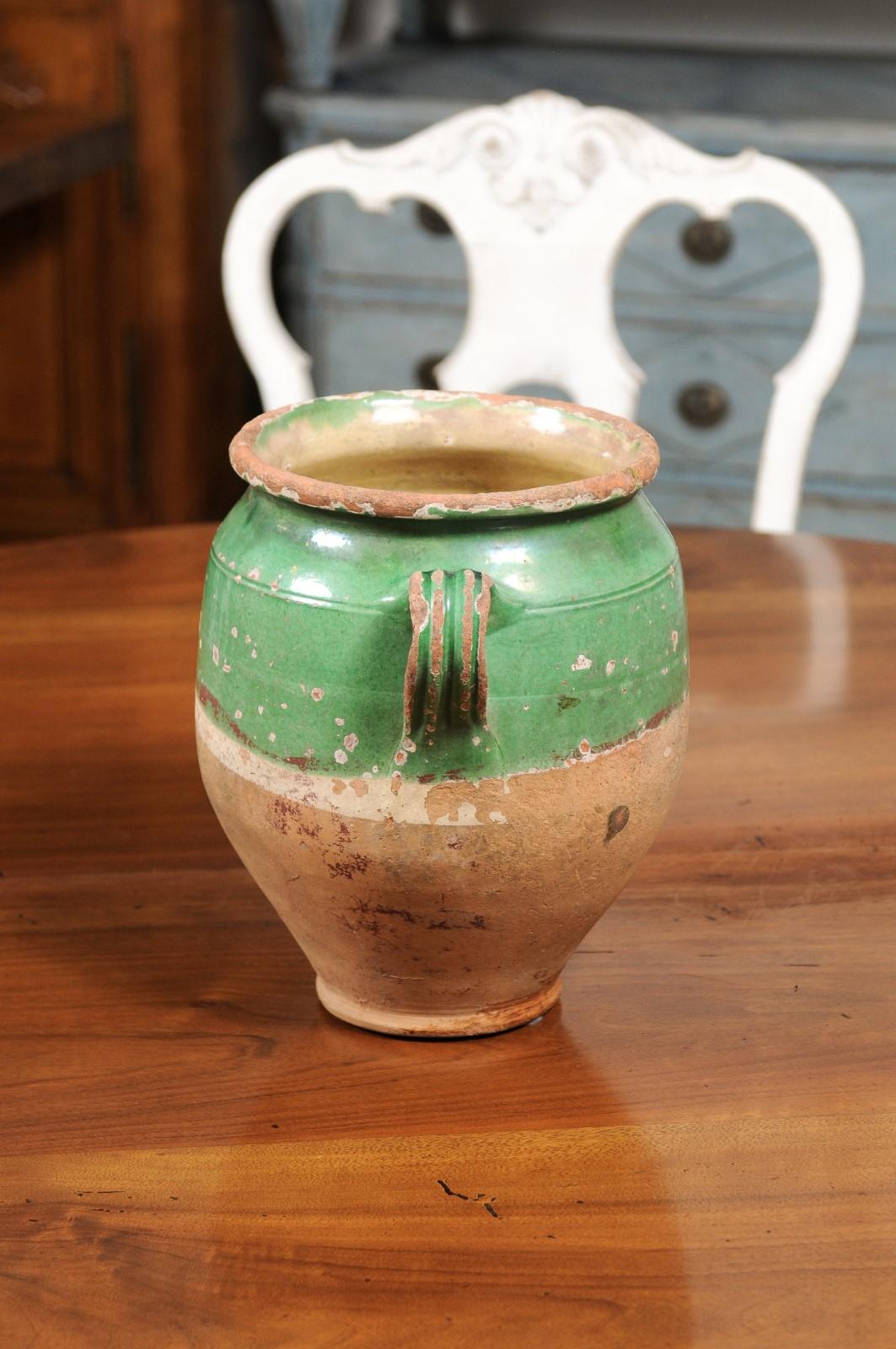 19th Century French Provincial Green Glazed Pottery Confit Pot with Two Handles 6