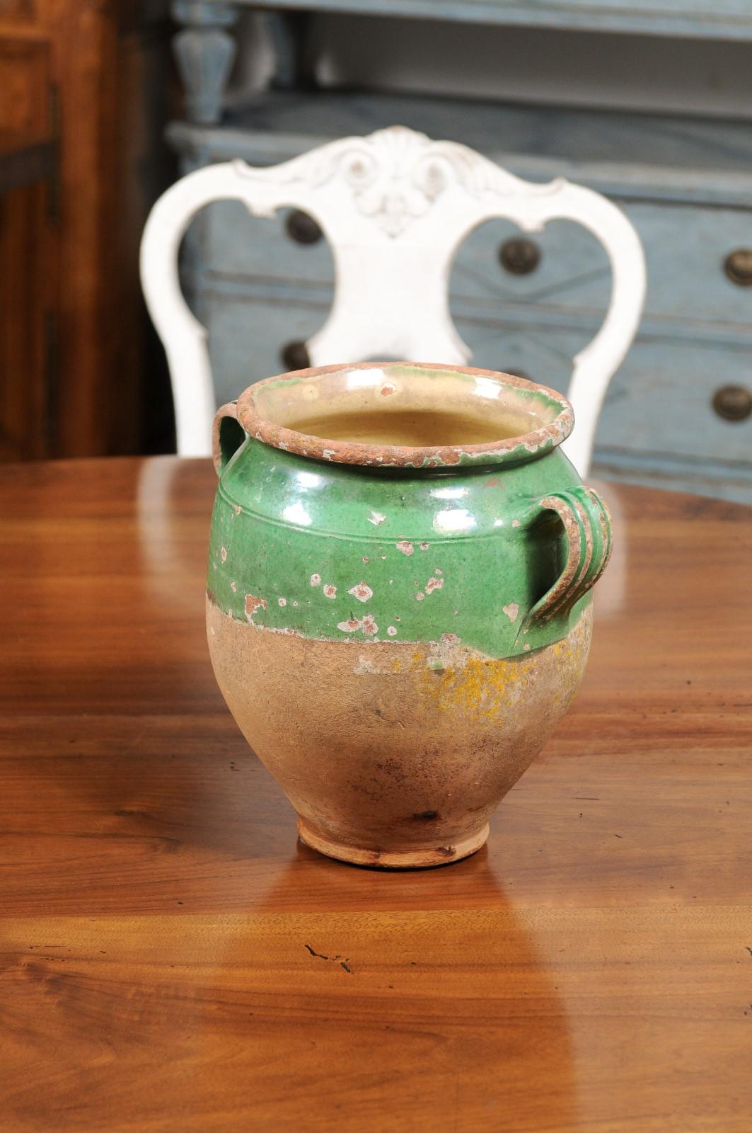 Unglazed 19th Century French Provincial Green Glazed Pottery Confit Pot with Two Handles