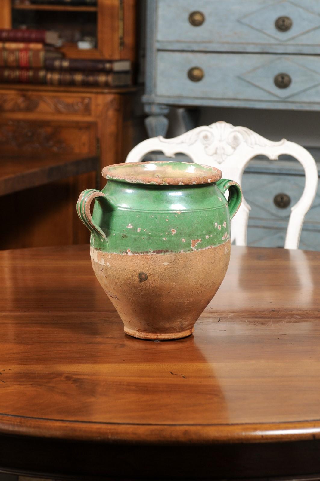 19th Century French Provincial Green Glazed Pottery Confit Pot with Two Handles 2