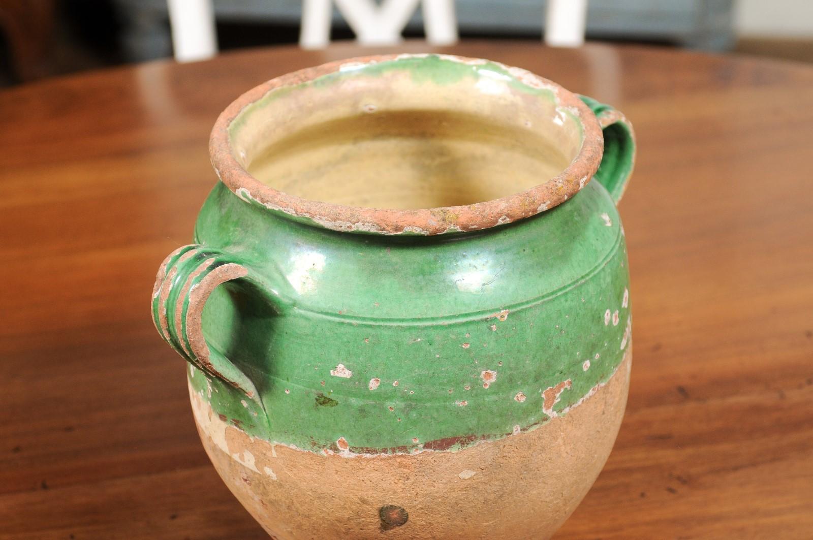 19th Century French Provincial Green Glazed Pottery Confit Pot with Two Handles 3