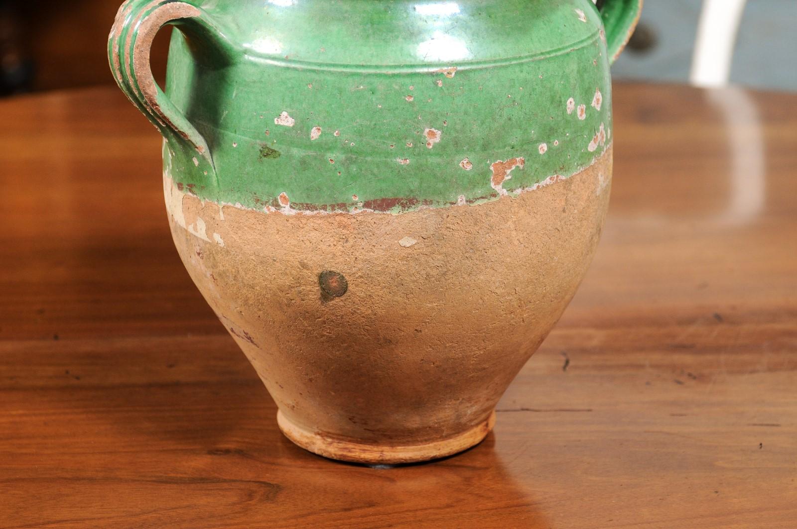 19th Century French Provincial Green Glazed Pottery Confit Pot with Two Handles 4