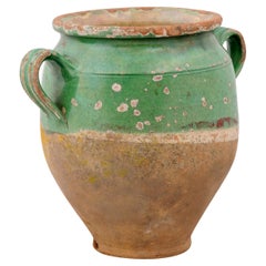 19th Century French Provincial Green Glazed Pottery Confit Pot with Two Handles