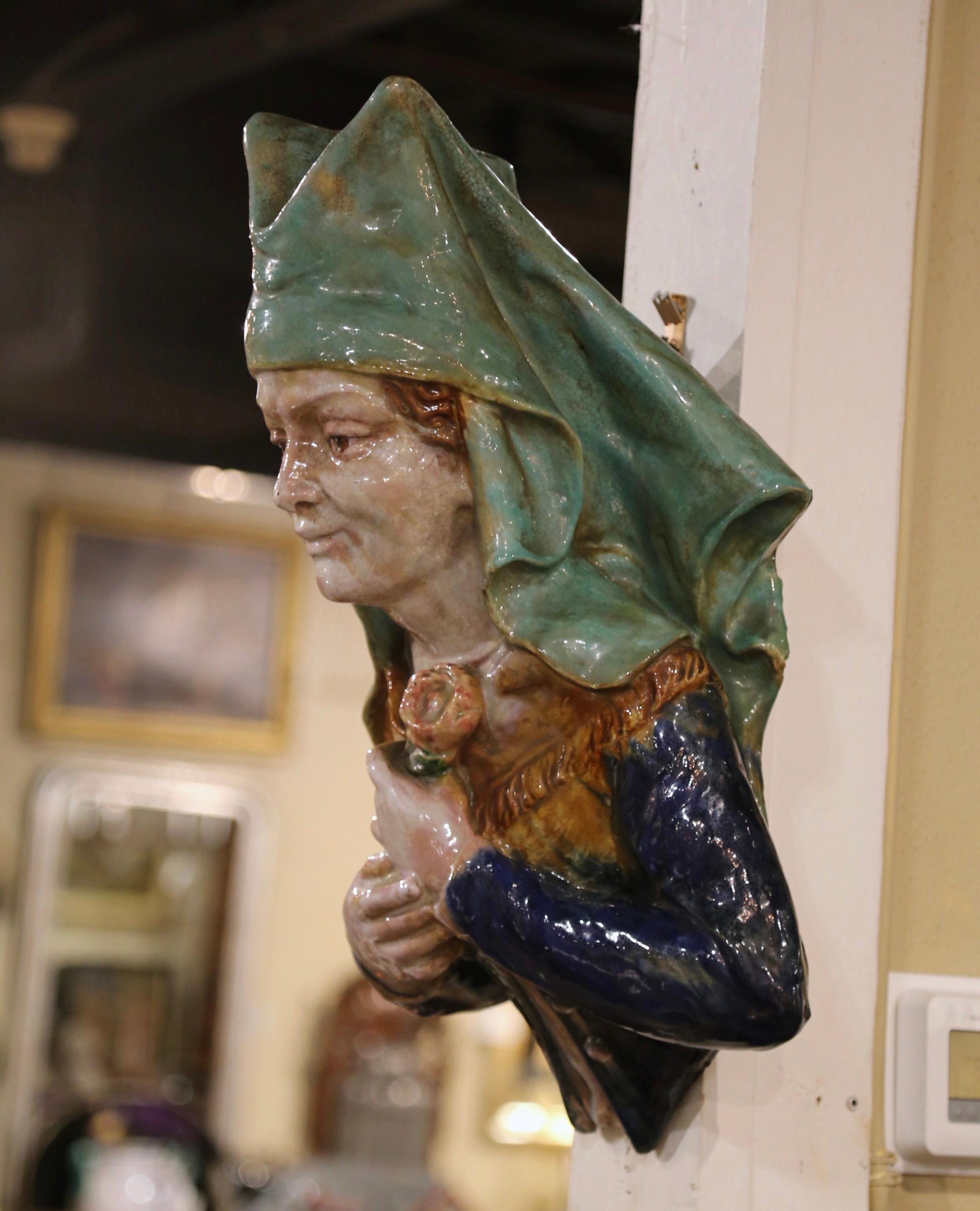 Fired 19th Century French Provincial Hand Painted Terracotta Woman Bust Sculpture For Sale