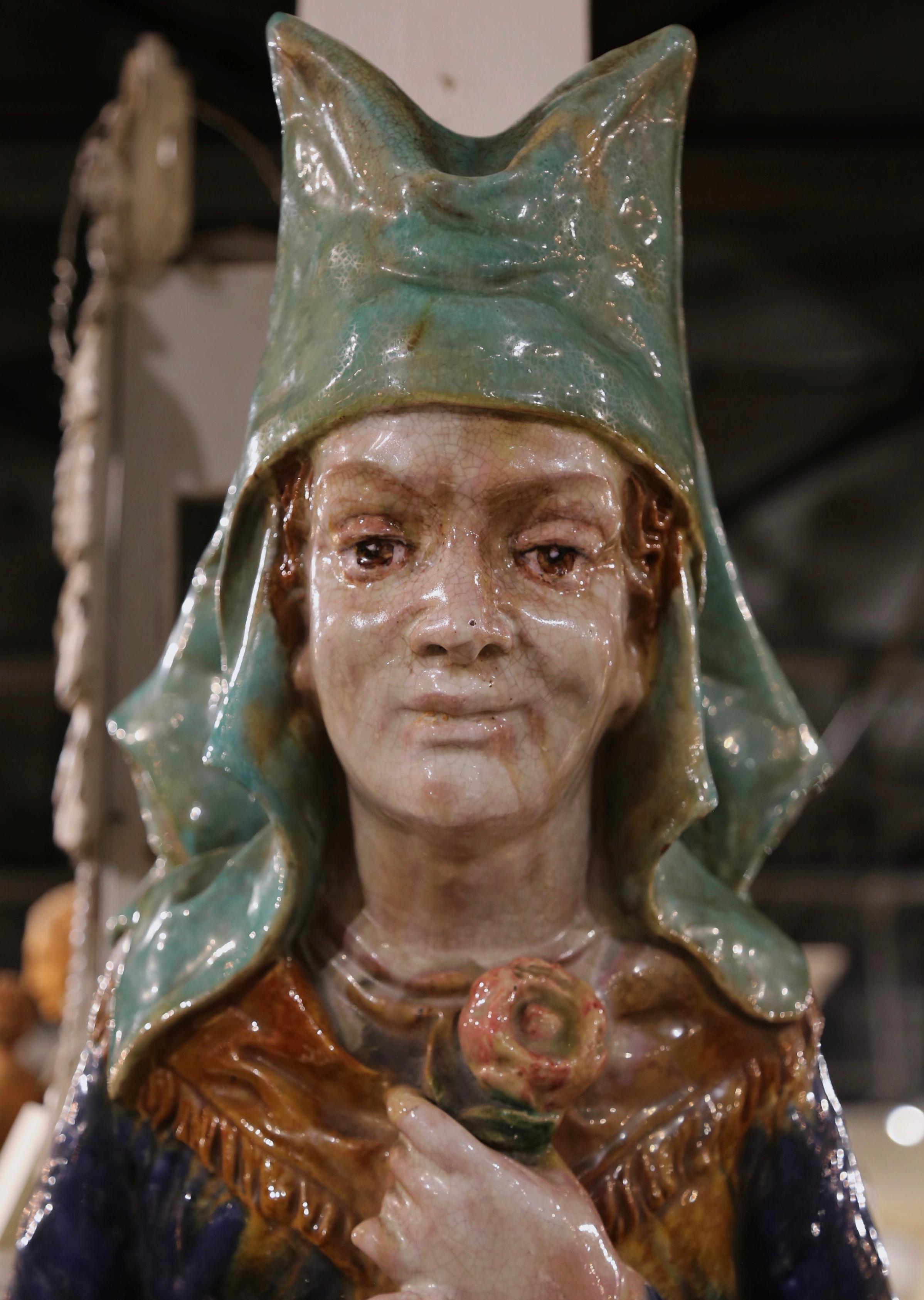 19th Century French Provincial Hand Painted Terracotta Woman Bust Sculpture In Excellent Condition For Sale In Dallas, TX