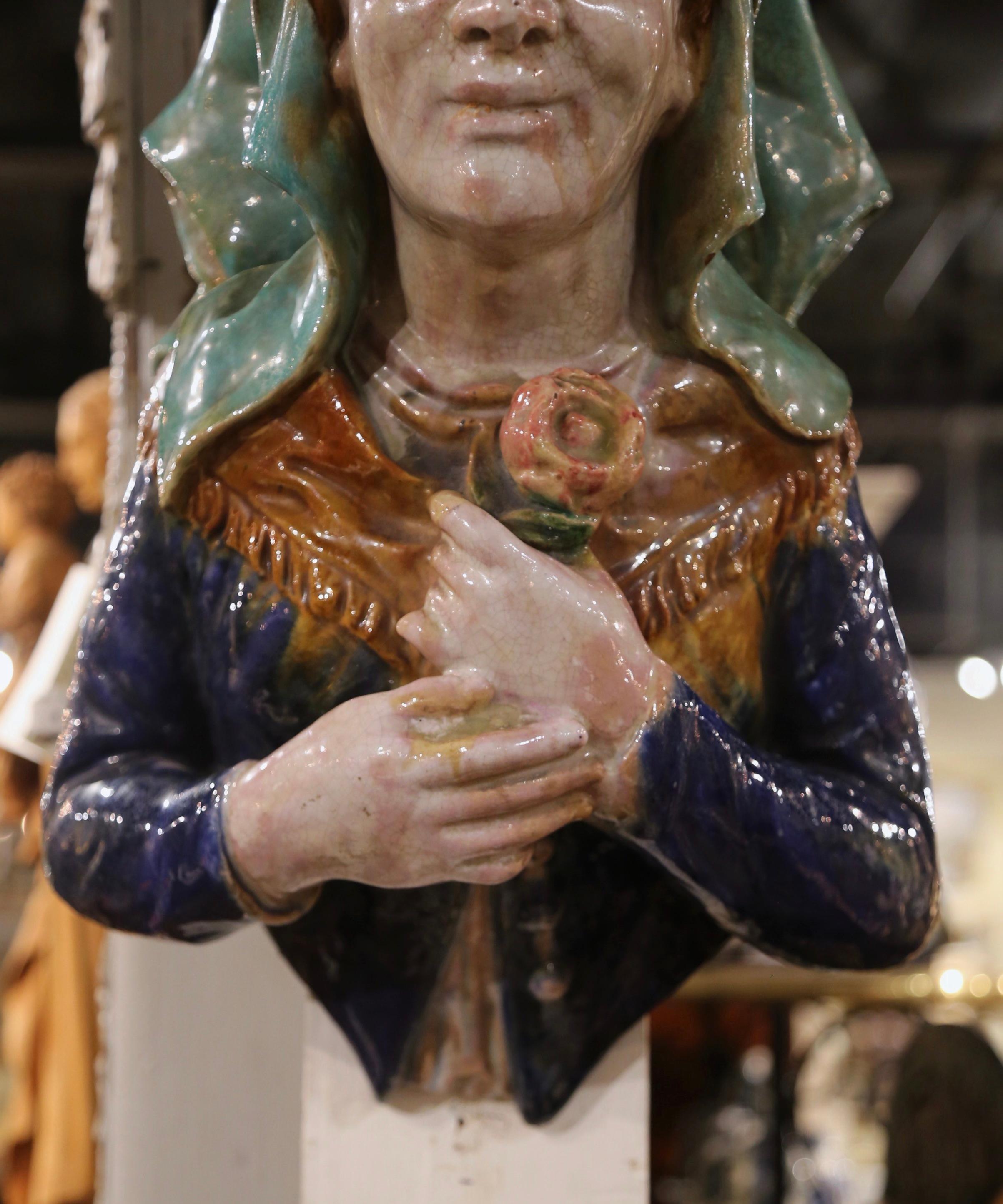 19th Century French Provincial Hand Painted Terracotta Woman Bust Sculpture For Sale 2