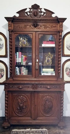 19th Century French Provincial Highly Carved Oak Hunt Bookcase