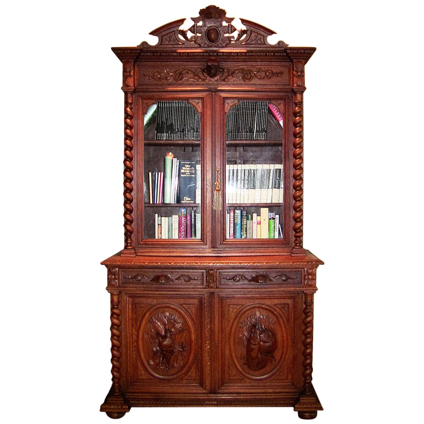 19th Century French Provincial Highly Carved Oak Hunt Bookcase For Sale