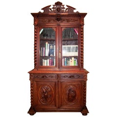 19th Century French Provincial Highly Carved Oak Hunt Bookcase