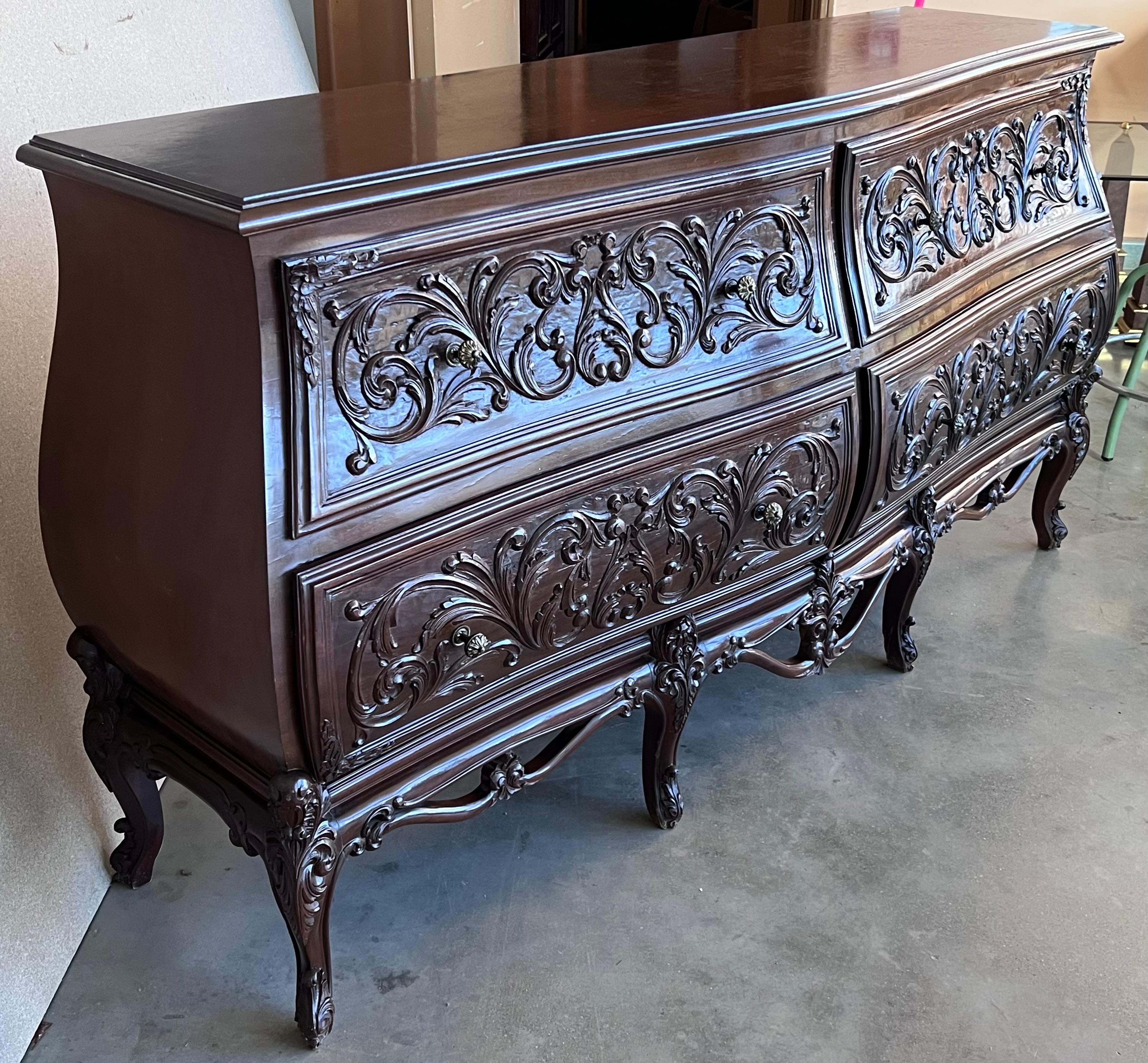 Wood 19th Century French Provincial Louis XV Carved Walnut Bombe Double Commode For Sale
