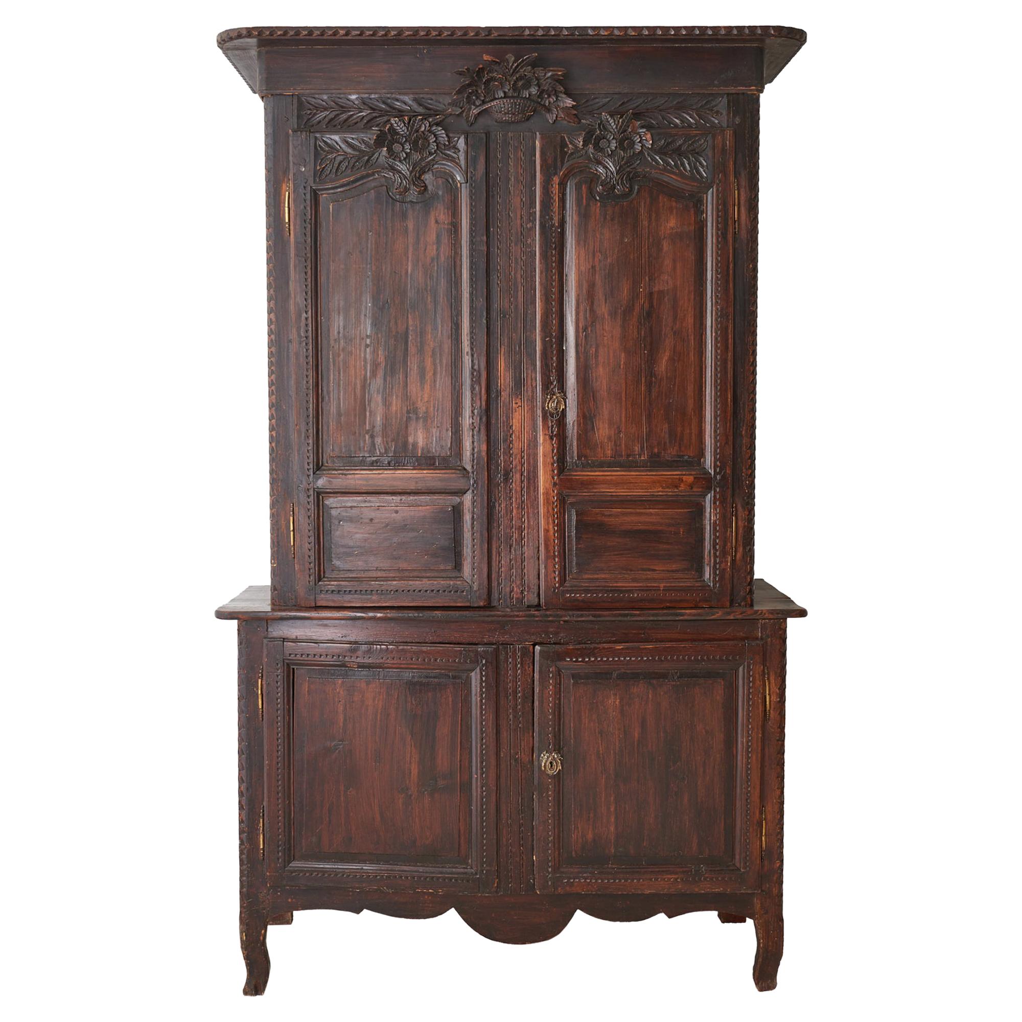 19th Century French Provincial Oak Deux Corps Cabinet