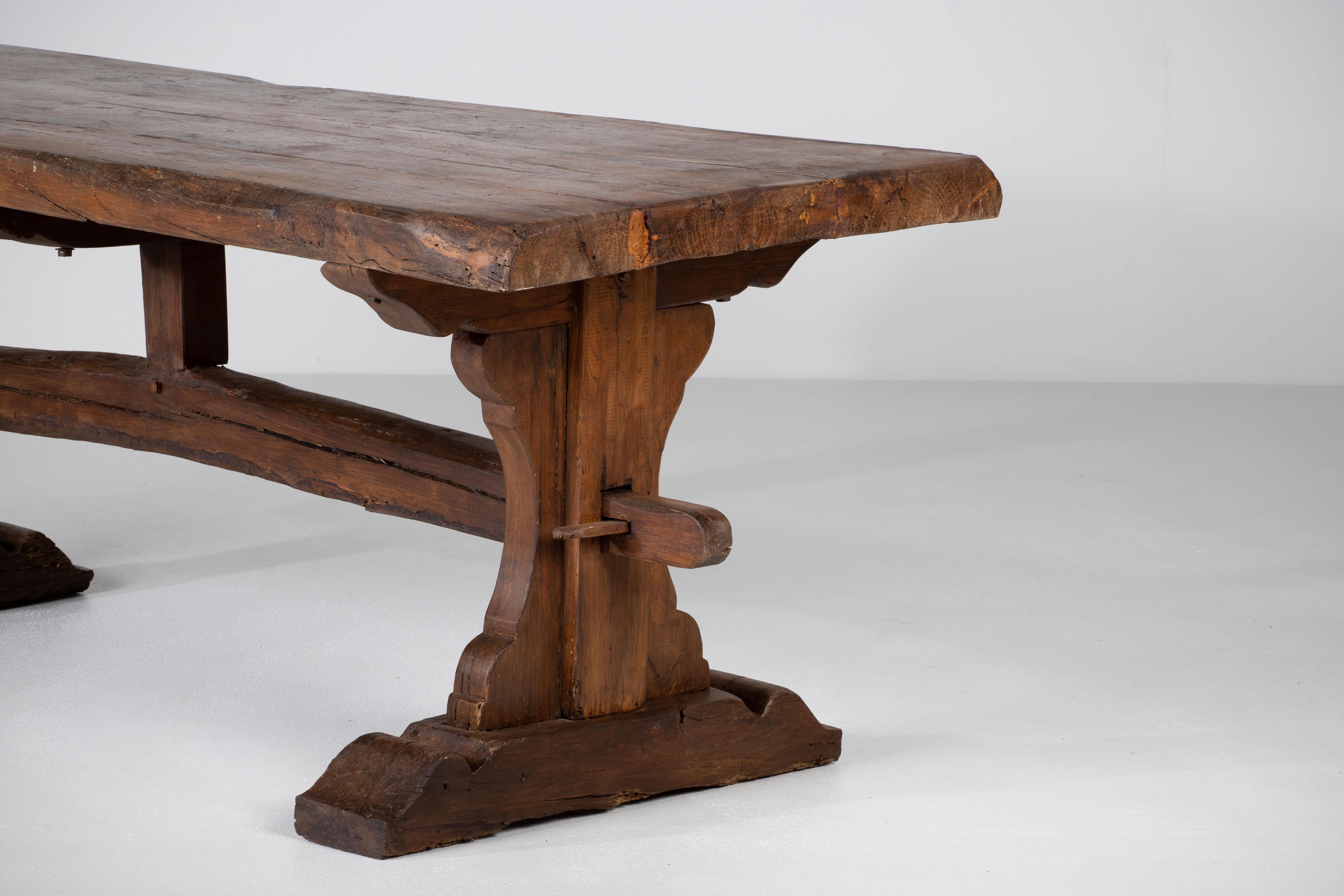 19th Century French Provincial Oak Farmhouse Dining Table, Rustic For Sale 7