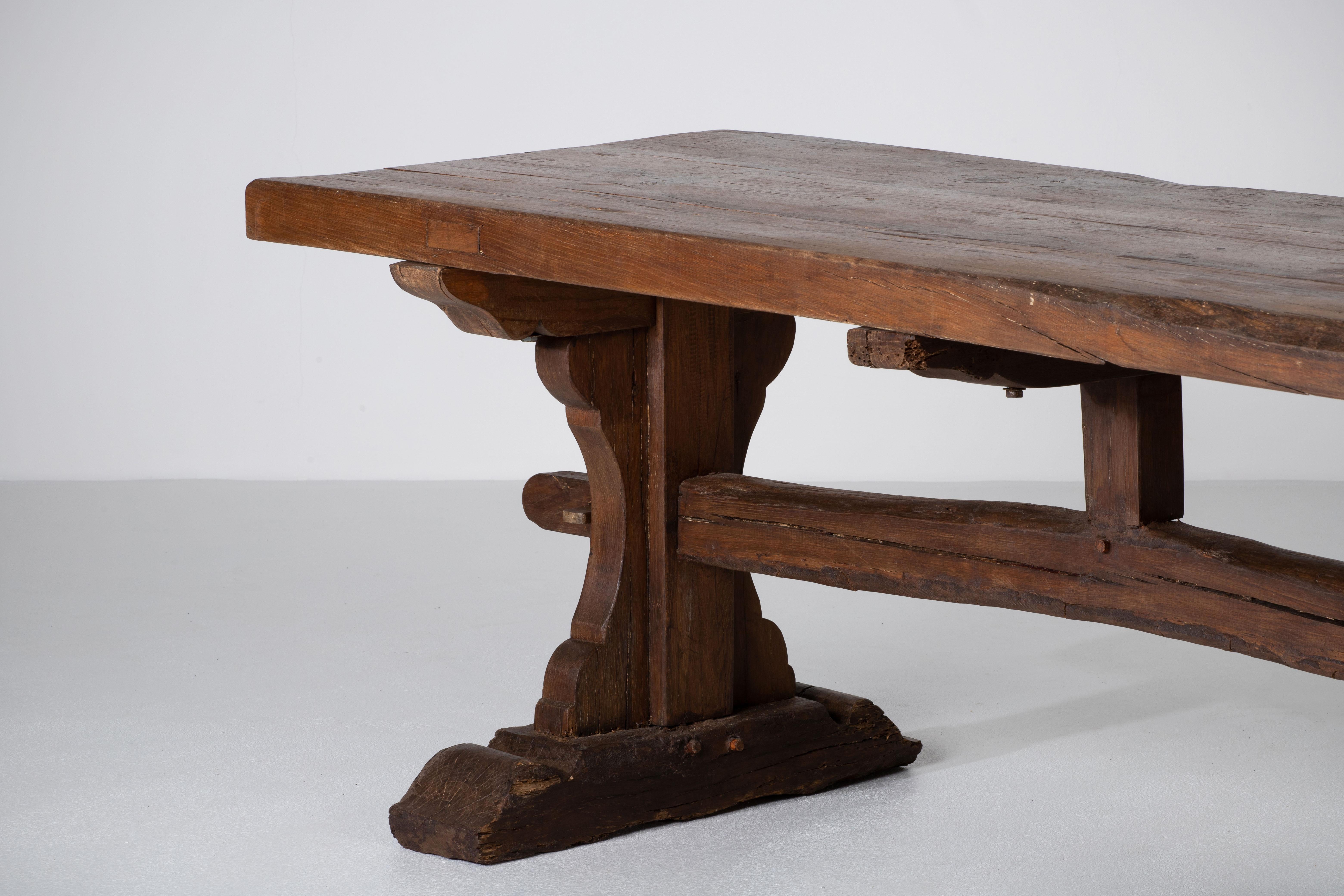 19th Century French Provincial Oak Farmhouse Dining Table, Rustic For Sale 10