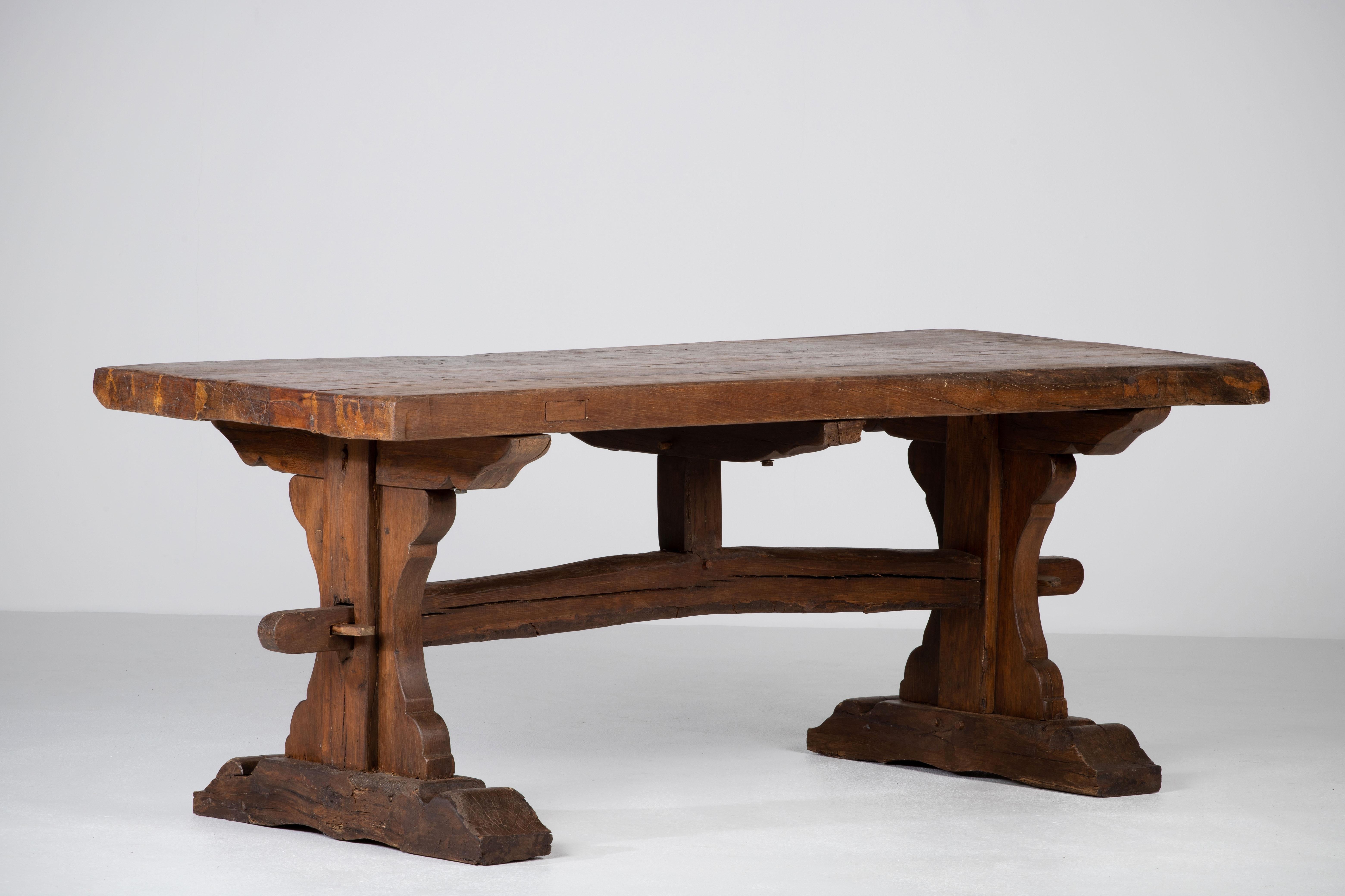 19th Century French Provincial Oak Farmhouse Dining Table, Rustic For Sale 12