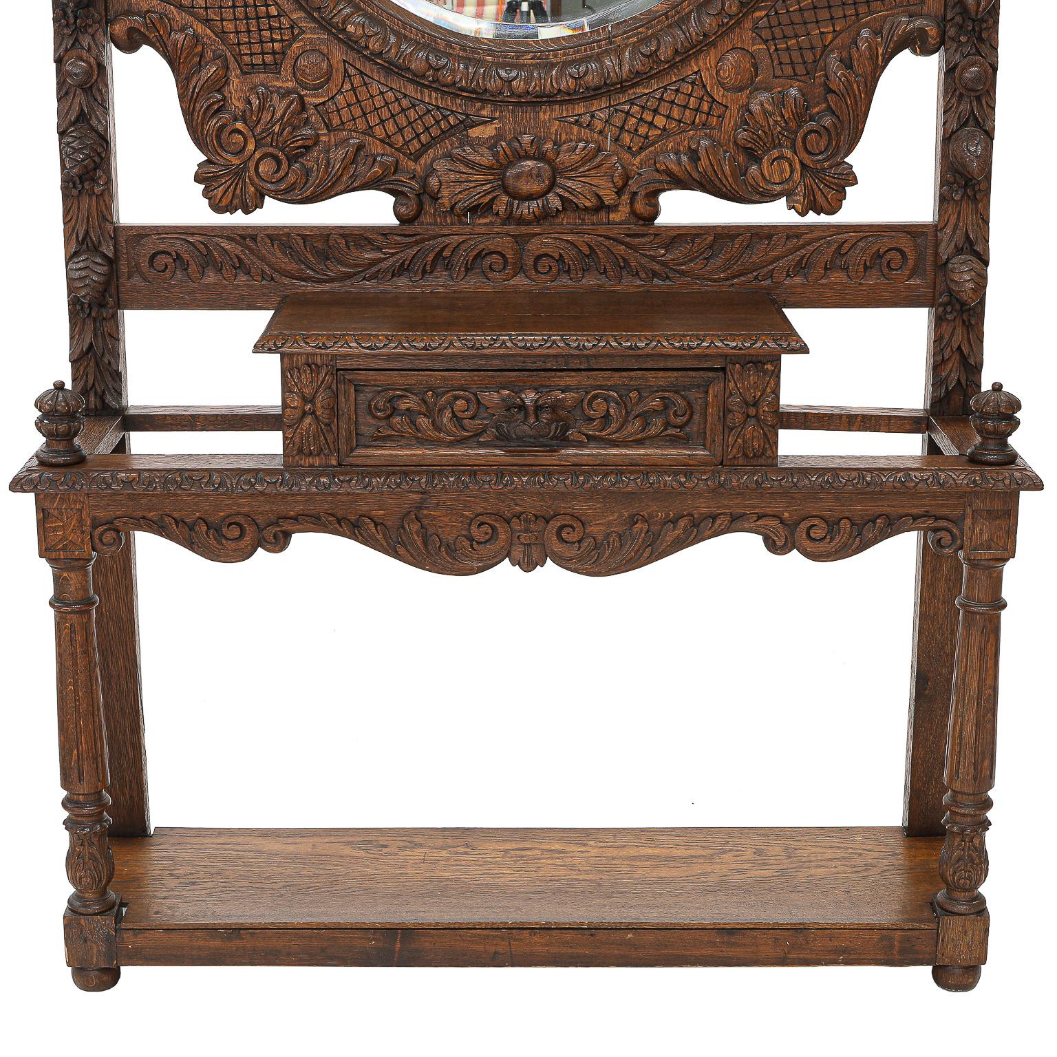 Carved 19th Century French Provincial Oak Hall Tree For Sale