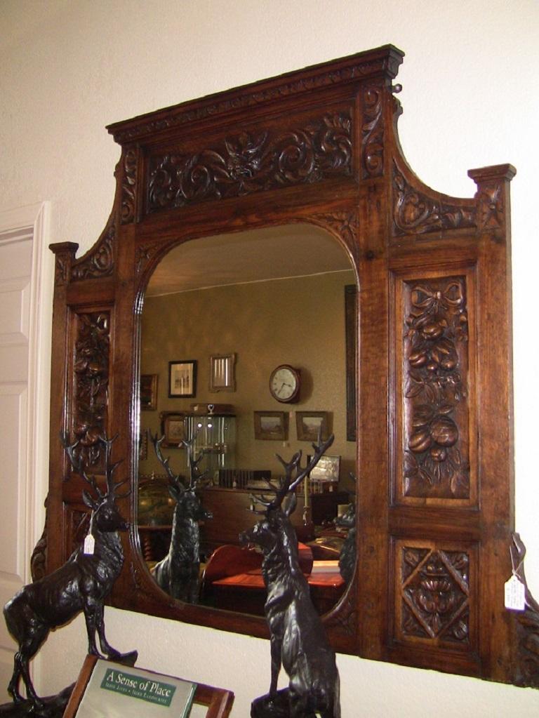 19th Century French Provincial Oak Heavily Carved Overmantel Mirror 2