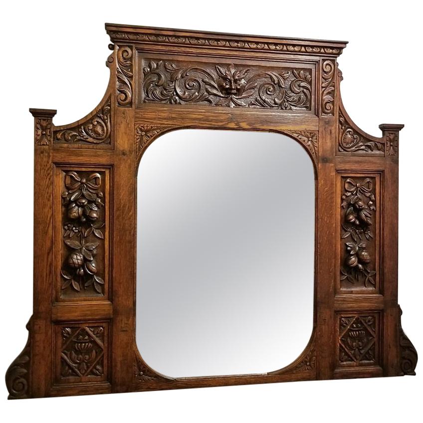 19th Century French Provincial Oak Heavily Carved Overmantel Mirror