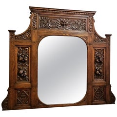 Antique 19th Century French Provincial Oak Heavily Carved Overmantel Mirror