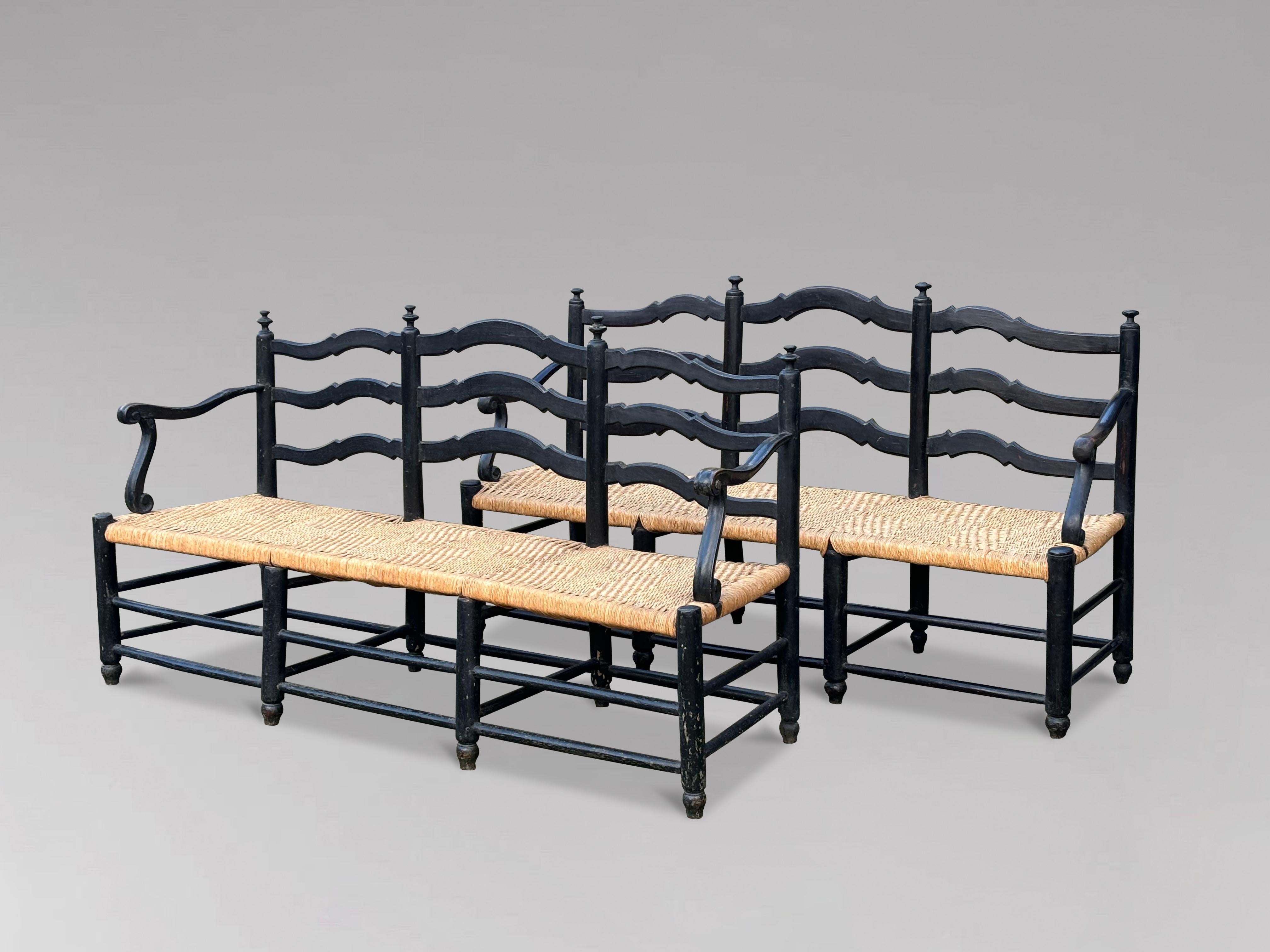 19th Century French Provincial Painted Ladder Back & Woven Rope Seat Bench 6