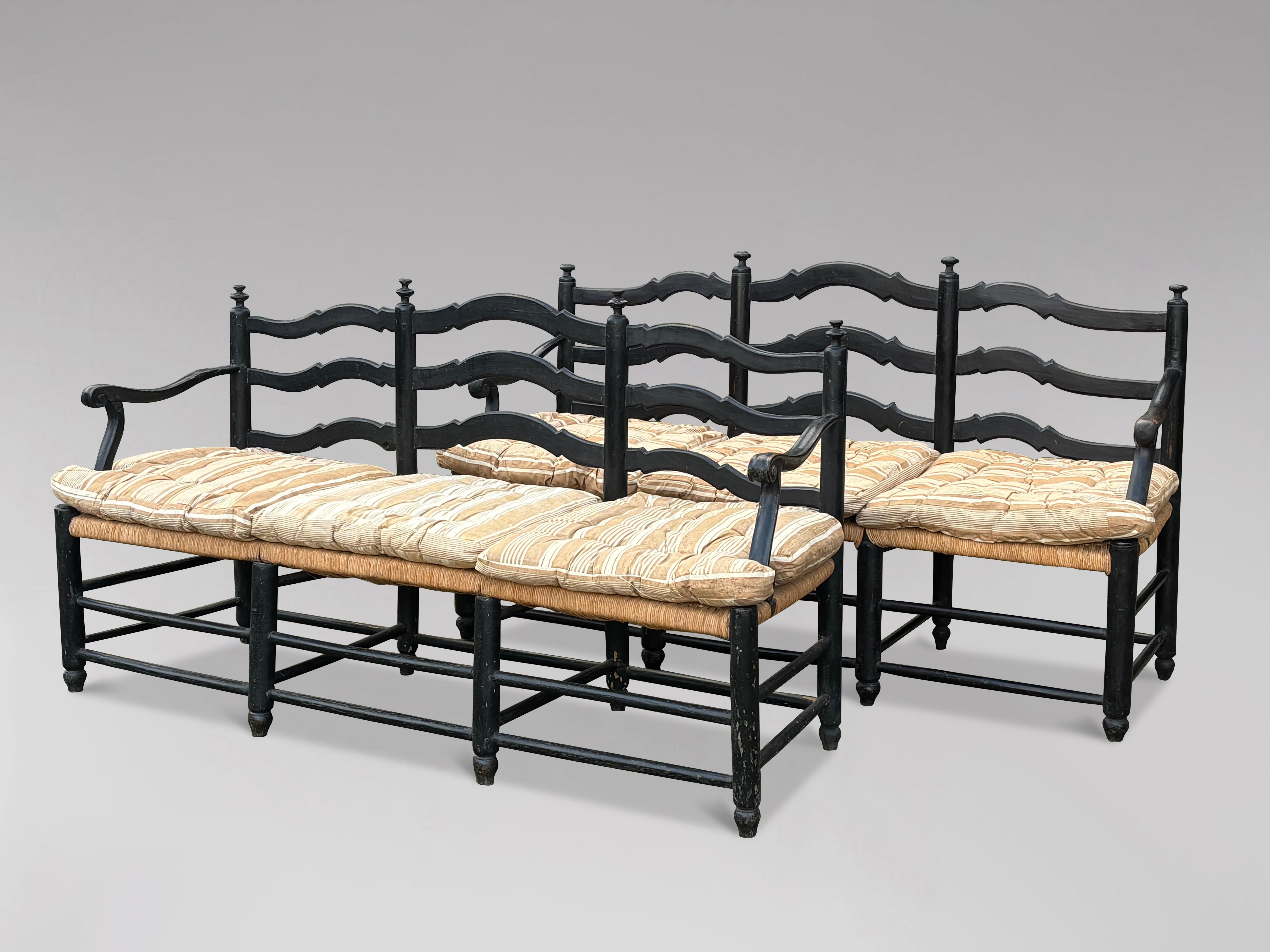 19th Century French Provincial Painted Ladder Back & Woven Rope Seat Bench 7