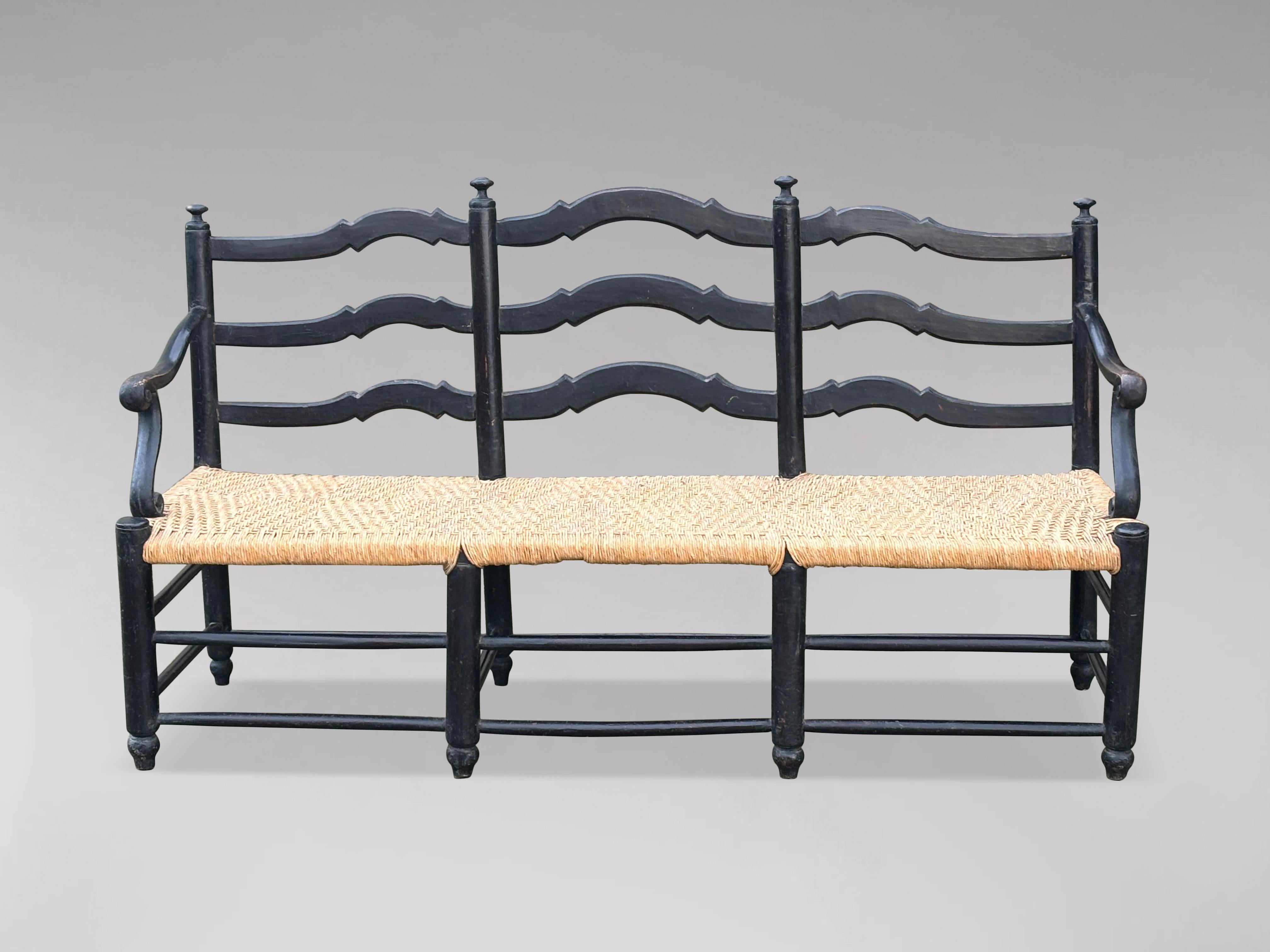 Hand-Crafted 19th Century French Provincial Painted Ladder Back & Woven Rope Seat Bench