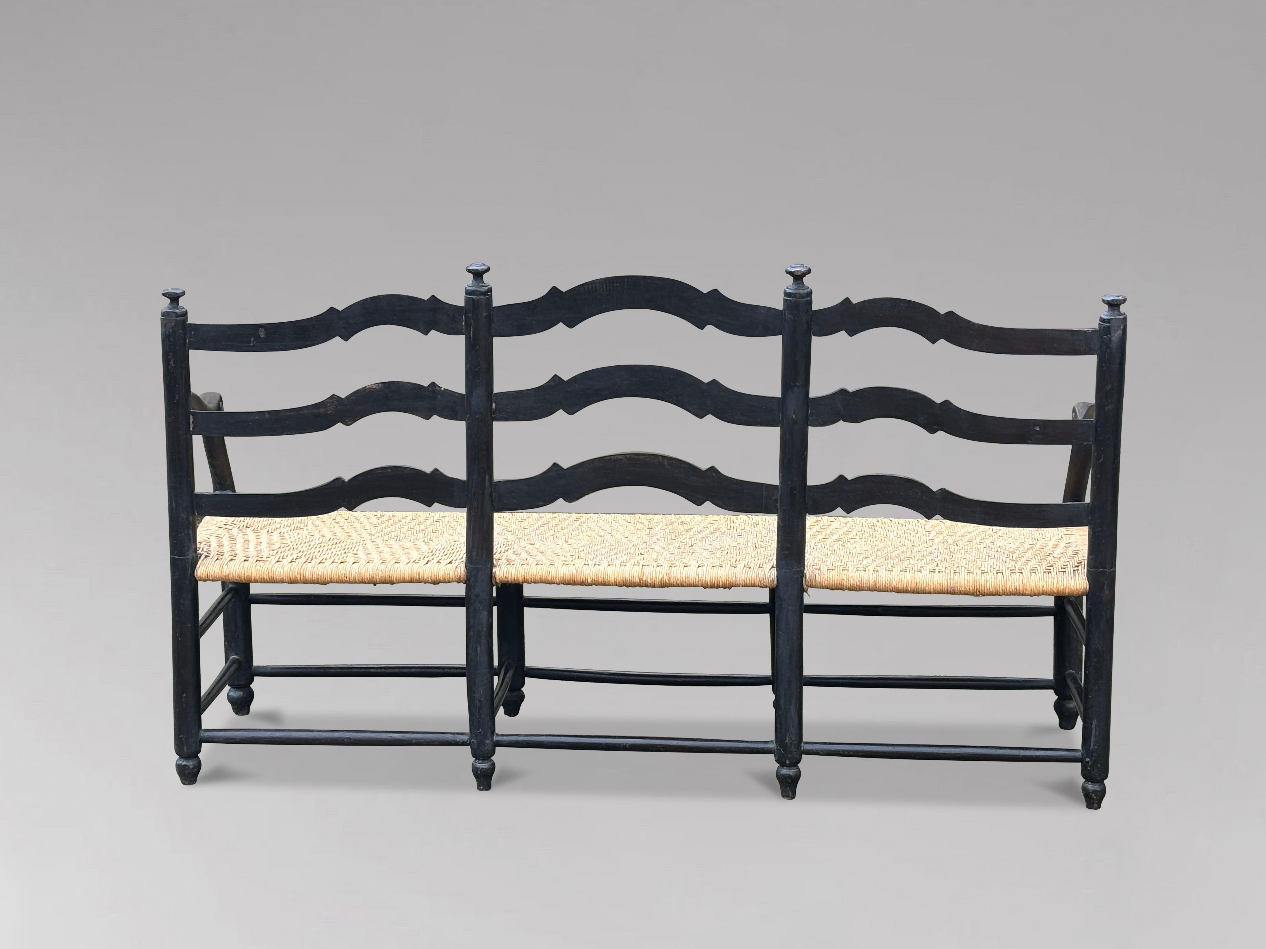 19th Century French Provincial Painted Ladder Back & Woven Rope Seat Bench 1