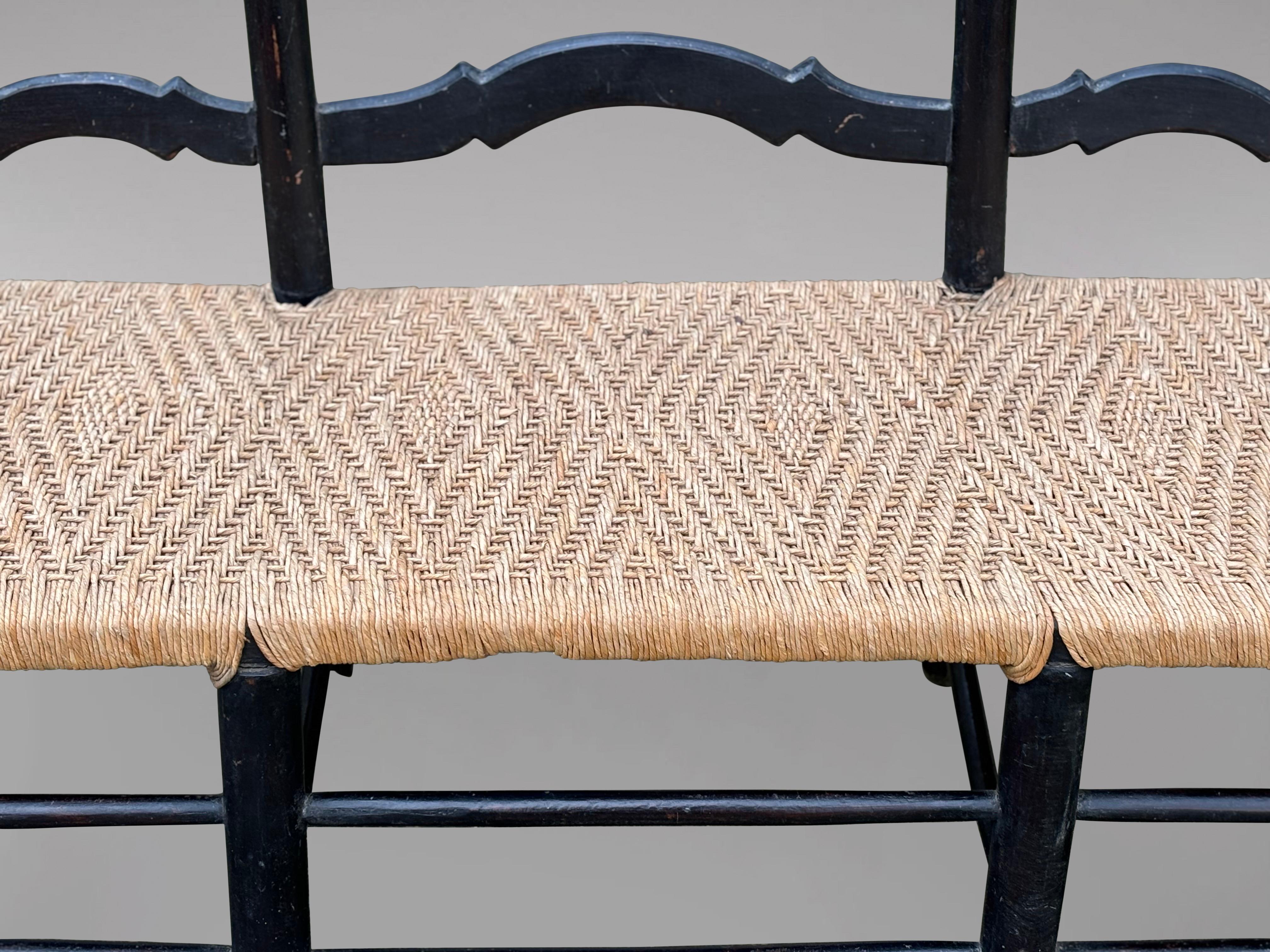 19th Century French Provincial Painted Ladder Back & Woven Rope Seat Bench 2