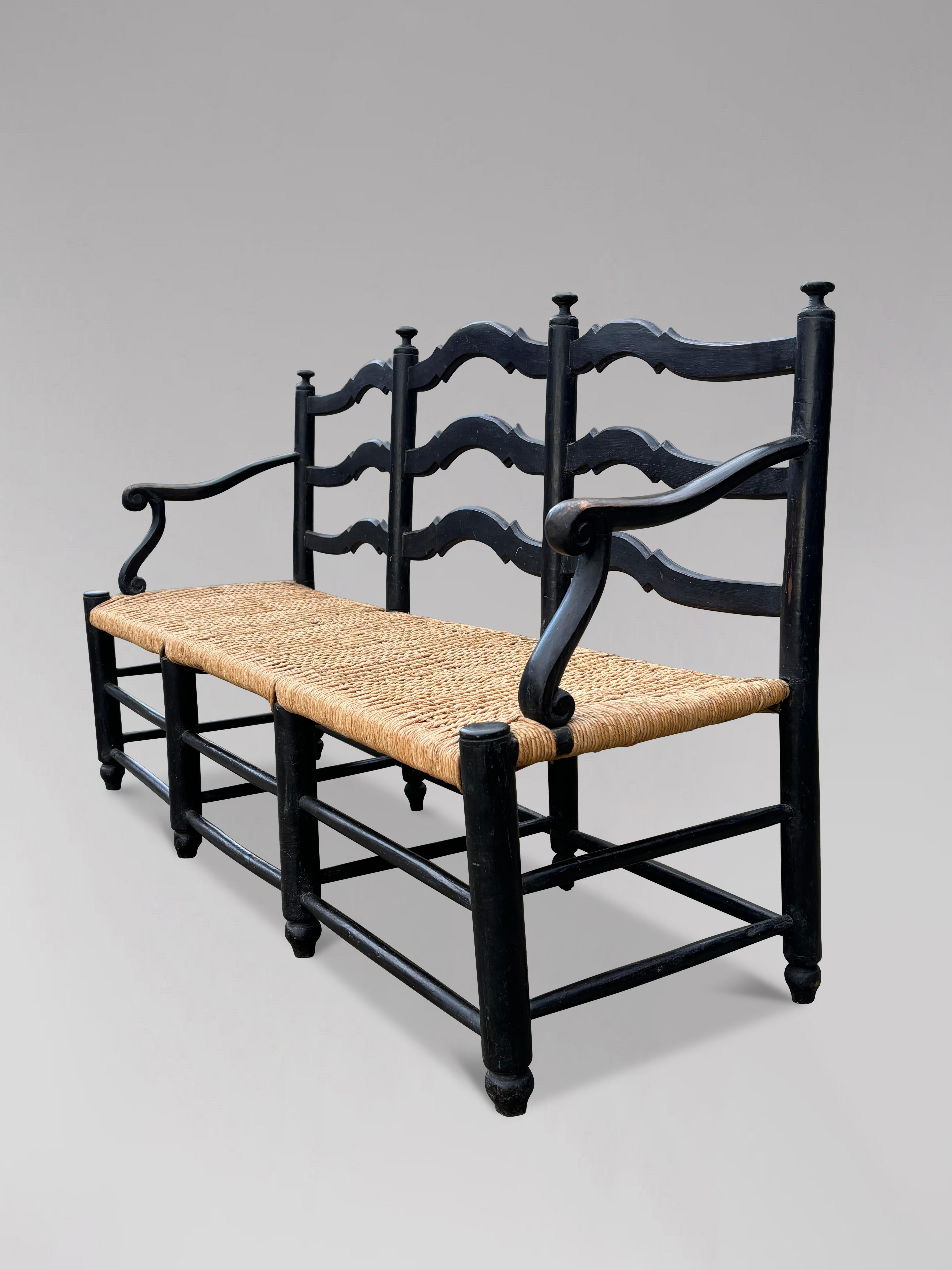 19th Century French Provincial Painted Ladder Back & Woven Rope Seat Bench 5