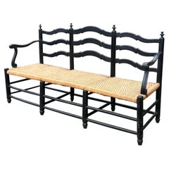 19th Century French Provincial Painted Ladder Back & Woven Rope Seat Bench