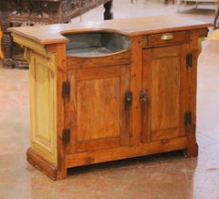 Bar in pino dipinto della provincia francese del XIX secolo con rivestimento in zinco della Normandia